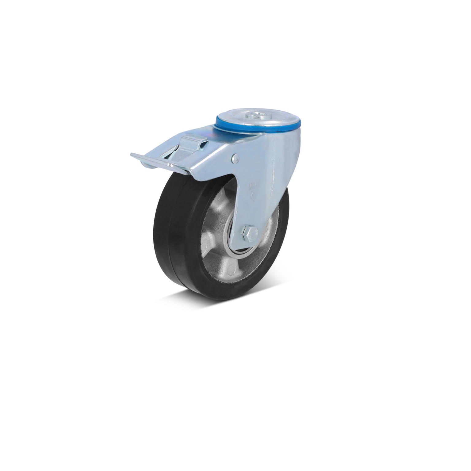 Industrielles Rollenrad mit einer schwarzen Gummilauffläche und einer silbernen Metallhalterung. Das Rad ist auf einer einzigartigen Montageplatte positioniert, die eine einfache Befestigung ermöglicht.
