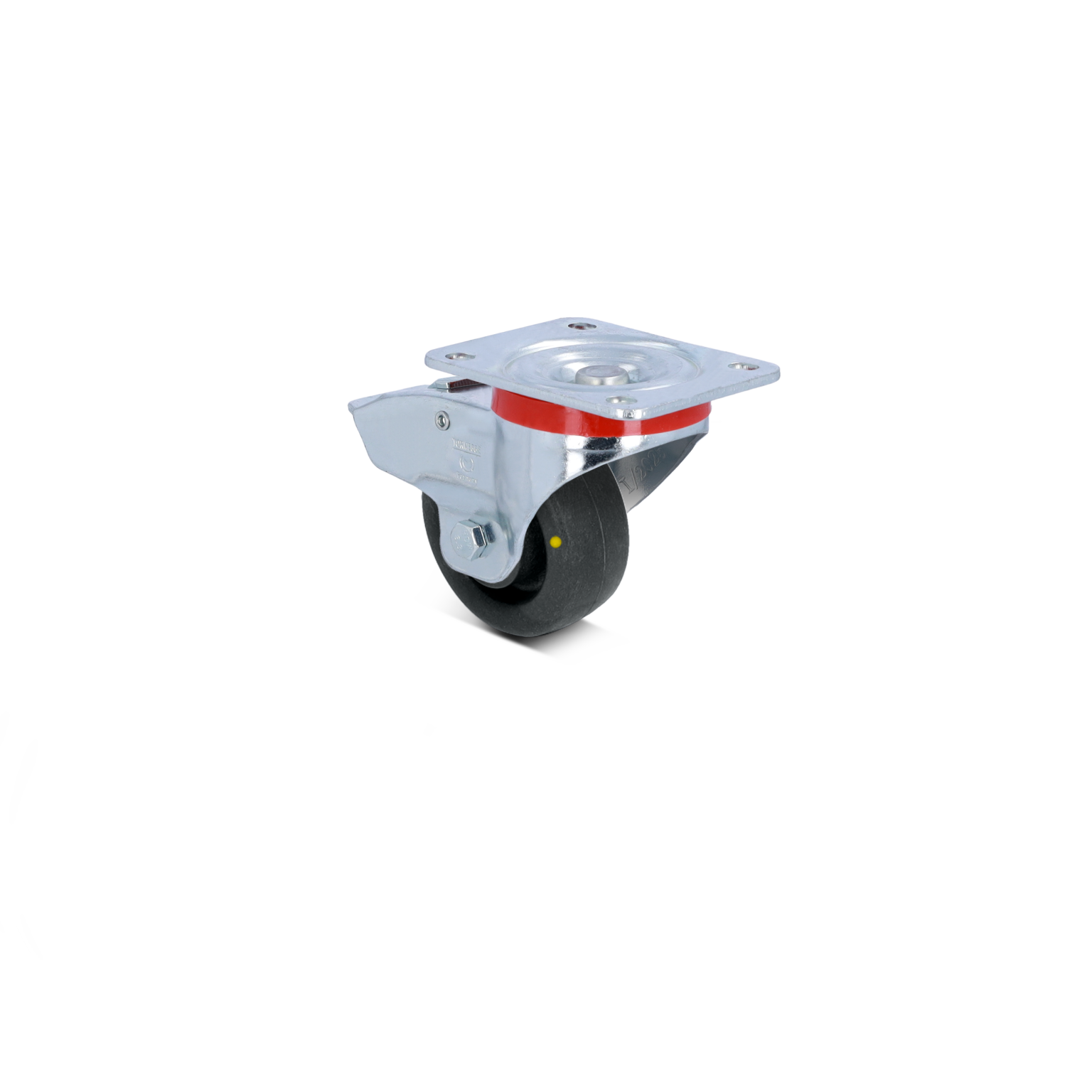 A swivel castor is prominently featured, with a black rubber wheel and a shiny metal mounting plate. The wheel is partially visible, attached with a red accent and mounted for ease of movement. The background is bright blue.