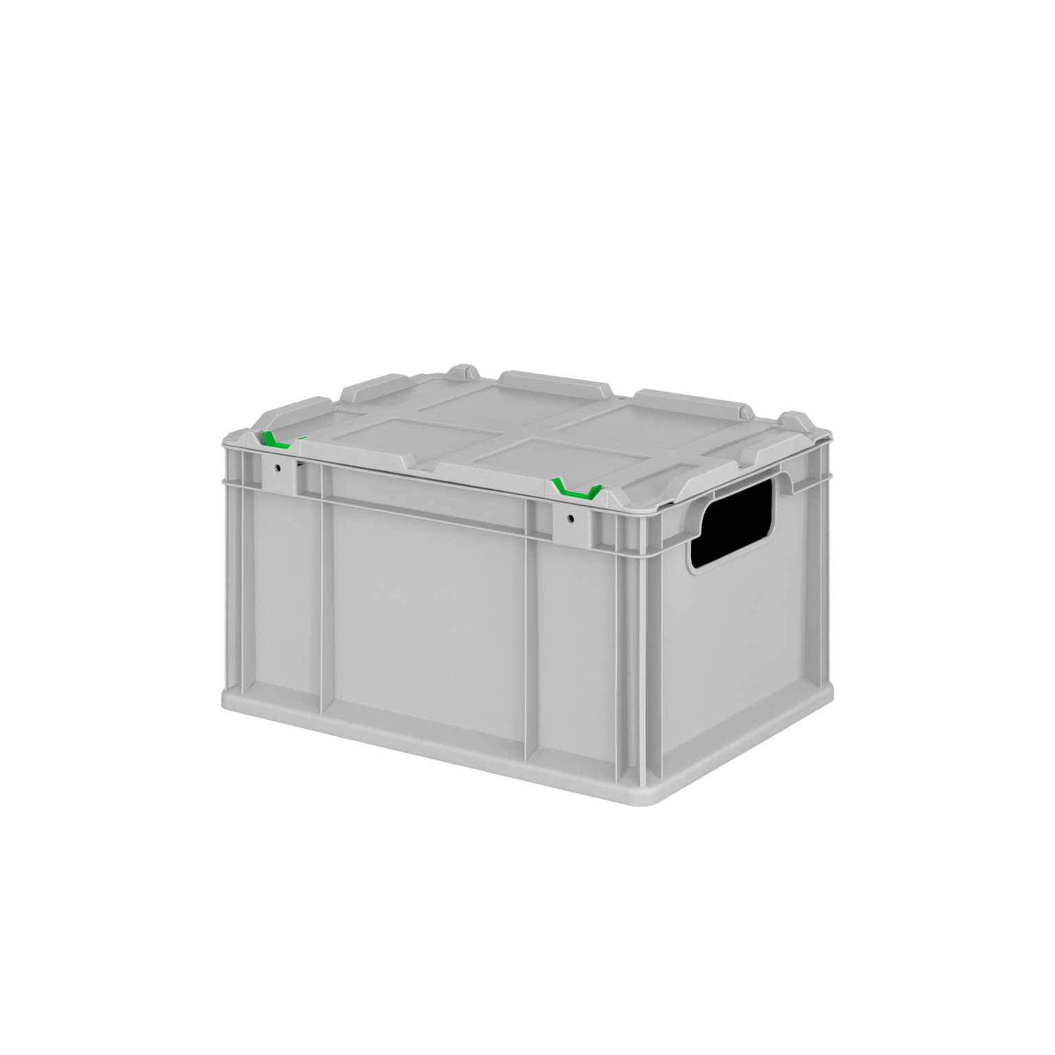 A light gray plastic storage box features integrated handles and a flat lid, showcasing a sturdy design suitable for transport and stacking in a warehouse or storage environment.