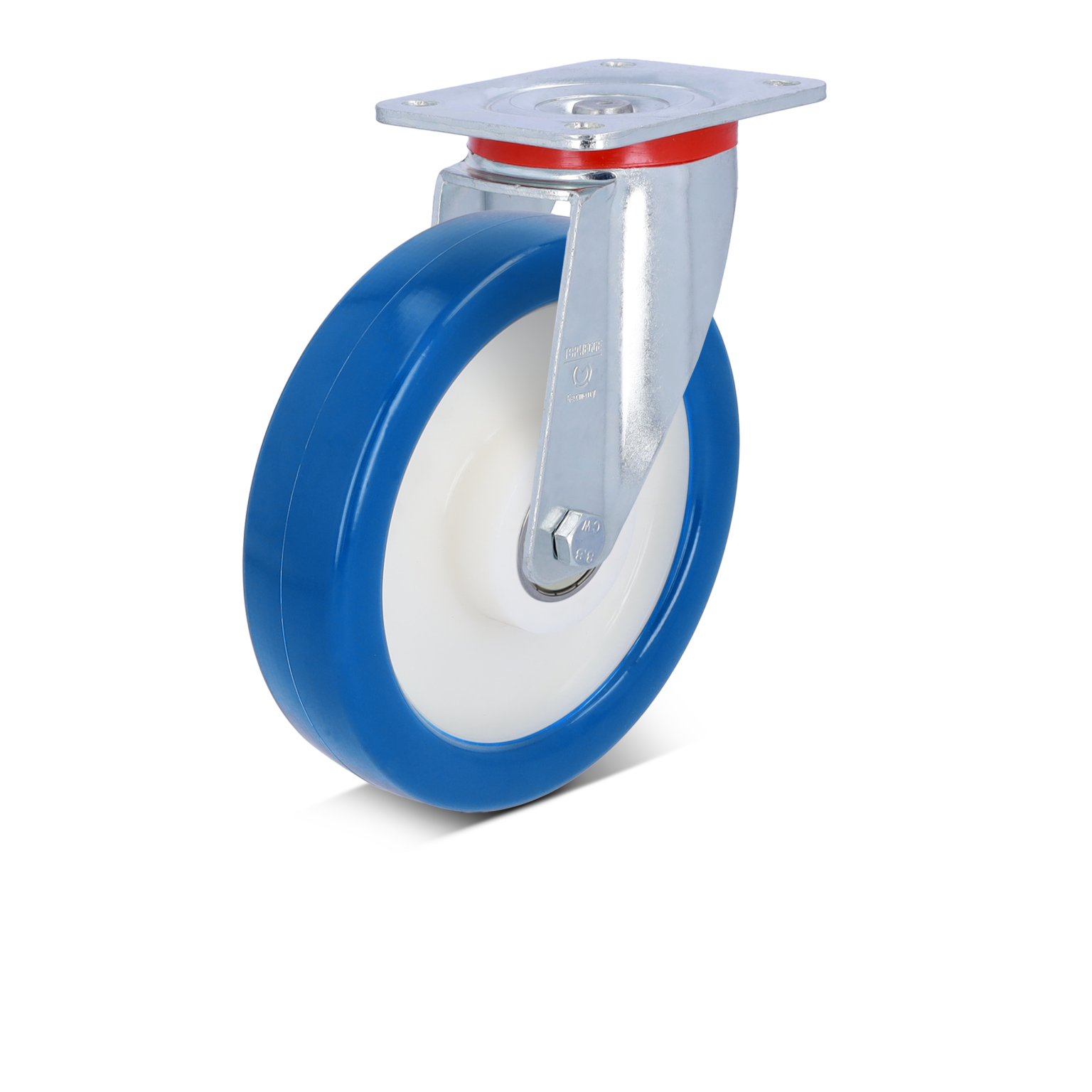 Een blauwe zwenkwiel met een witte band en een metalen montageplaat is zichtbaar. Het wiel heeft een ronde vorm, is glanzend en bevestigd aan een zilverkleurige metalen beugel.