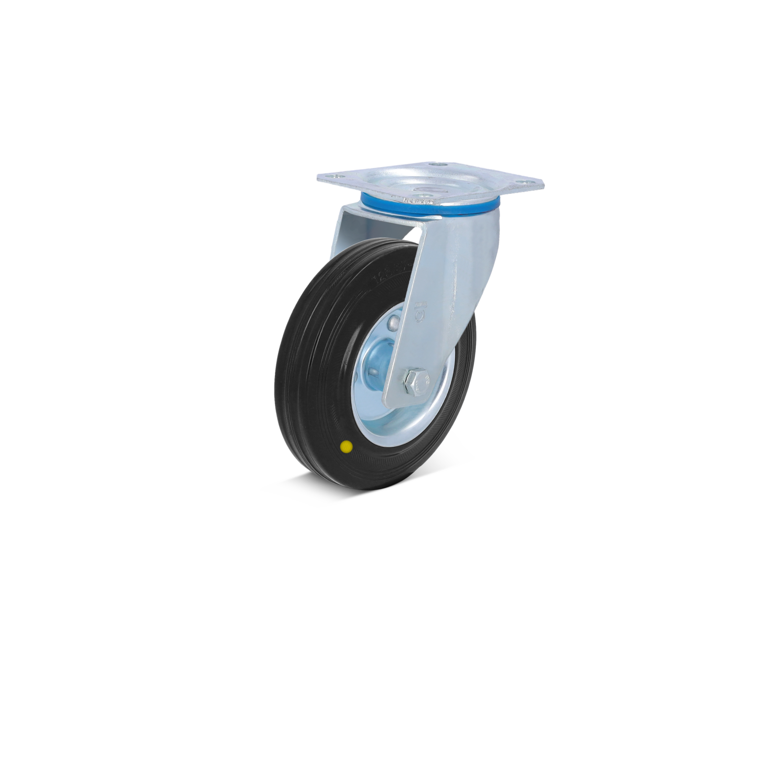 A swivel castor wheel features a black rubber tire mounted on a metal frame with a blue accent. It has a flat mounting plate for attachment, commonly used in industrial applications.