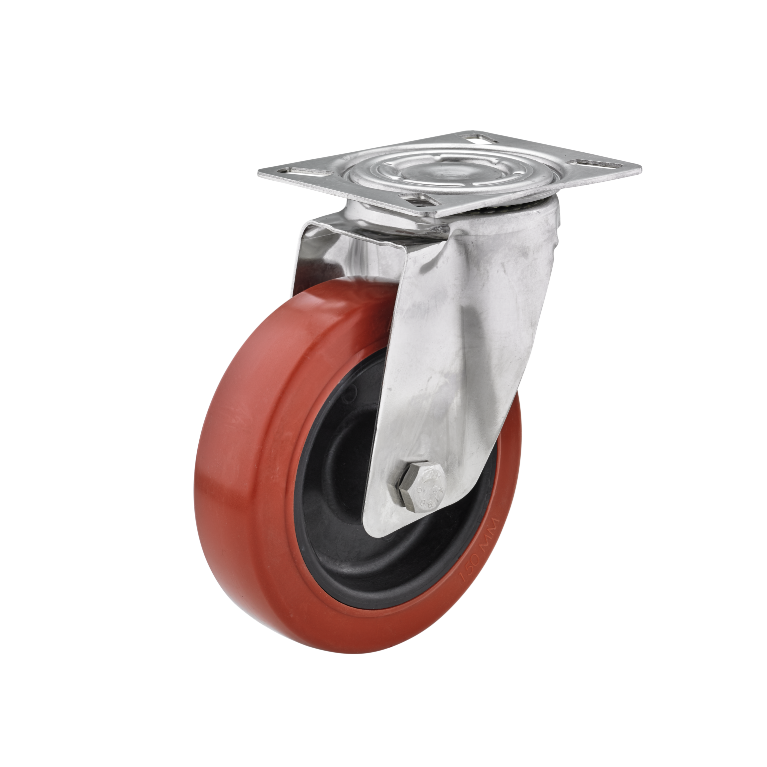 A swivel caster with a red rubber wheel and a silver metal mounting plate. The wheel features a black core, showcasing durability. It is isolated against a white background.