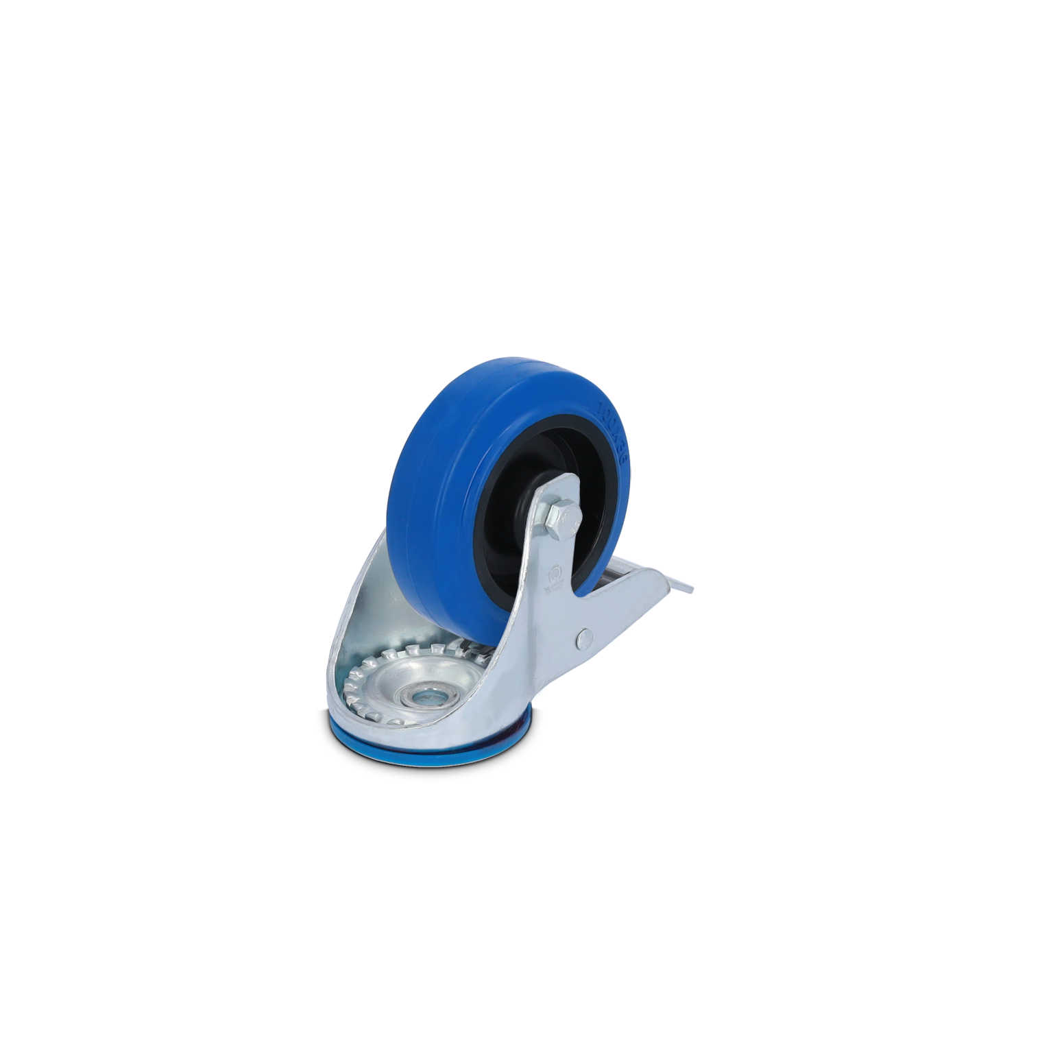 Blauer Rad mit schwarzem Kern, montiert auf einer silbernen Metallbasis. Die Basis hat eine verstellbare Halterung für einfache Montage. Der Hintergrund ist schlicht und unauffällig.