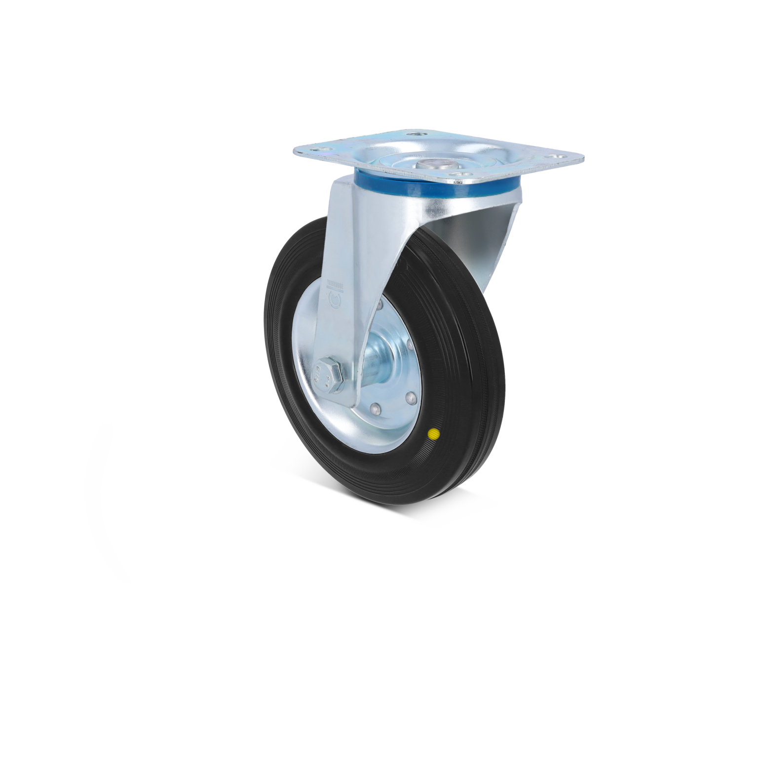 A heavy-duty industrial caster wheel features a black rubber tire mounted on a metal plate. It showcases a silver bracket with a raised mounting plate and a central axle. The background is plain, emphasizing the wheel-s design.
