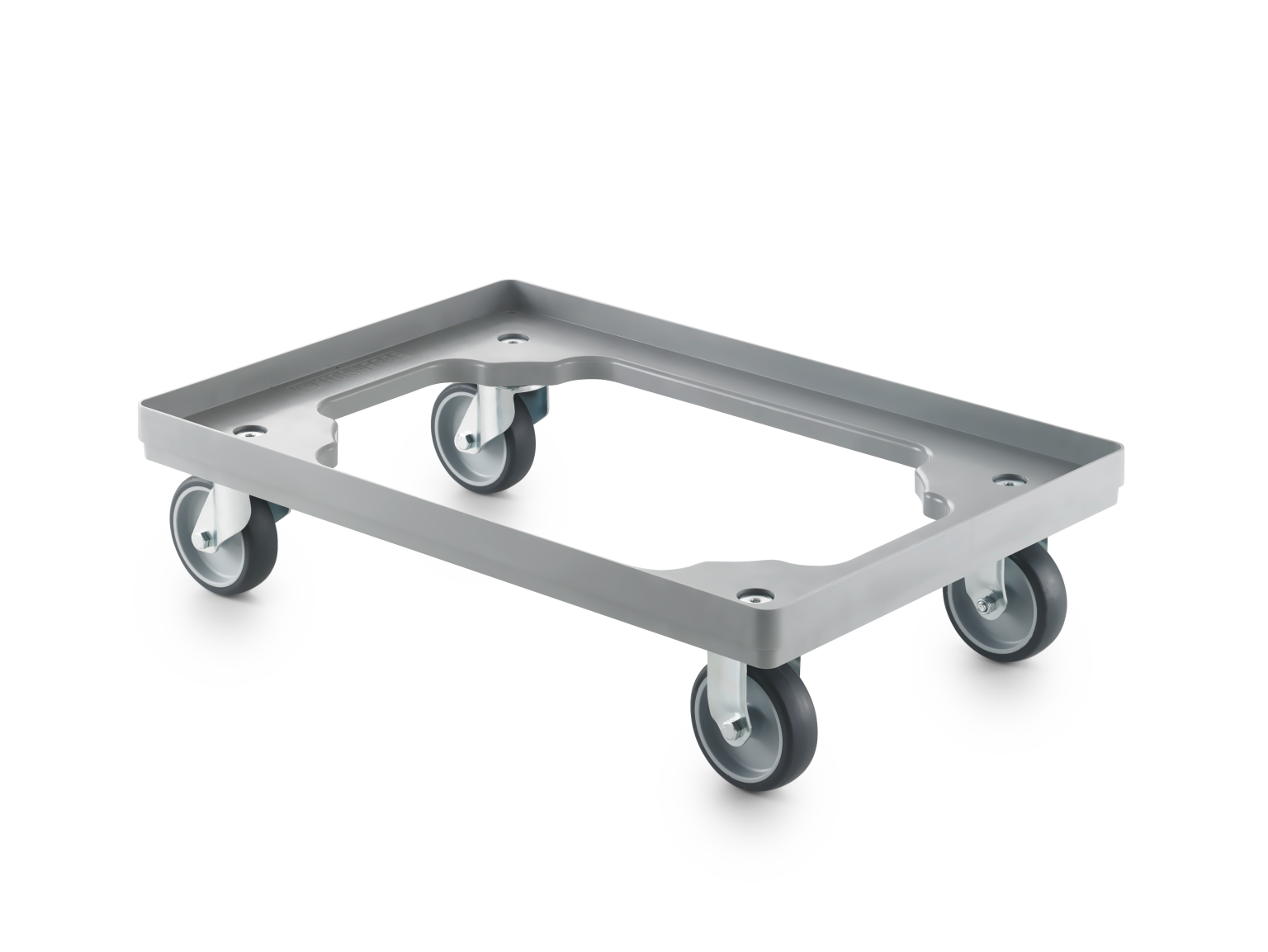 A rectangular metallic transport trolley features four swivel wheels. The base has a smooth surface, designed to facilitate easy movement of items in a warehouse or industrial setting.