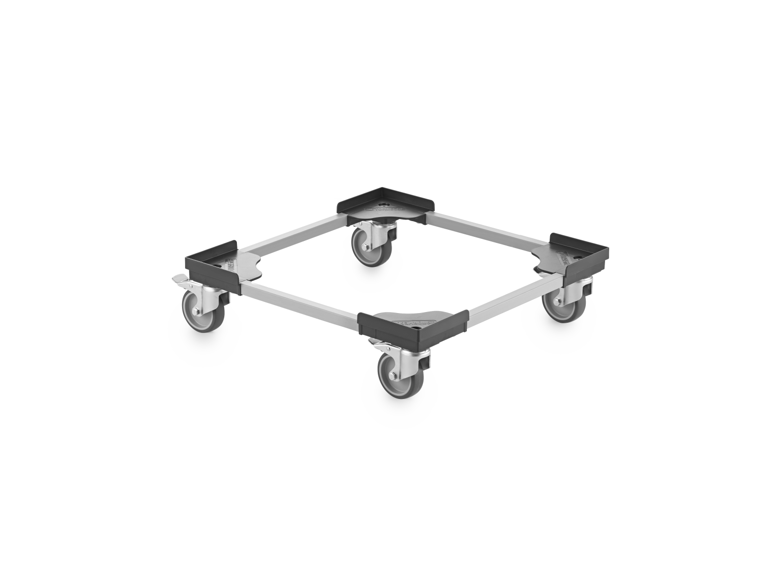 A square transport trolley with a metal frame and four swivel castors. The trolley is designed for mobility, showcasing rubber bumpers at the corners for protection. It is set against a plain background.