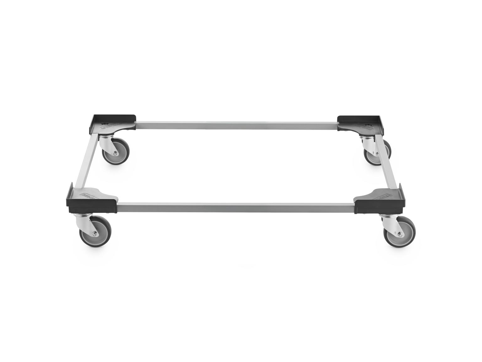 Transport trolley featuring a rectangular framework with four swivel castors at each corner. The structure is primarily metallic, highlighting durability and mobility. It has a minimalist design against a blank background.