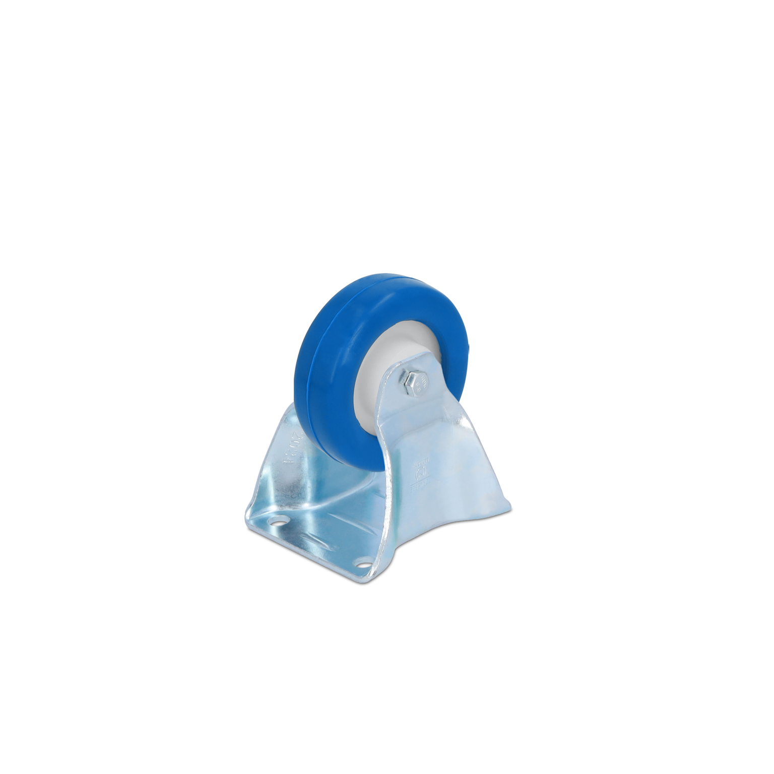 Blauwe rubberwiel met een witte kern gemonteerd op een glanzende metalen beugel. De beugel heeft twee bevestigingsgaten en is ontworpen voor gebruik in industriële toepassingen.