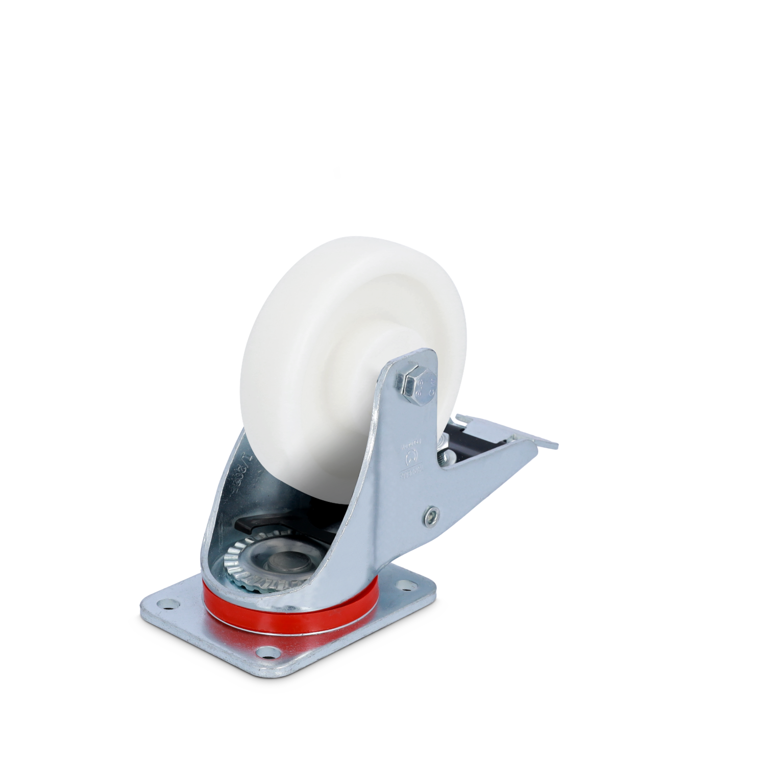 A white industrial wheel mounted on a metal swivel castor, featuring a bearing and red rubber ring on a metallic base plate. The backdrop is plain and contrasts with the castor-s design.