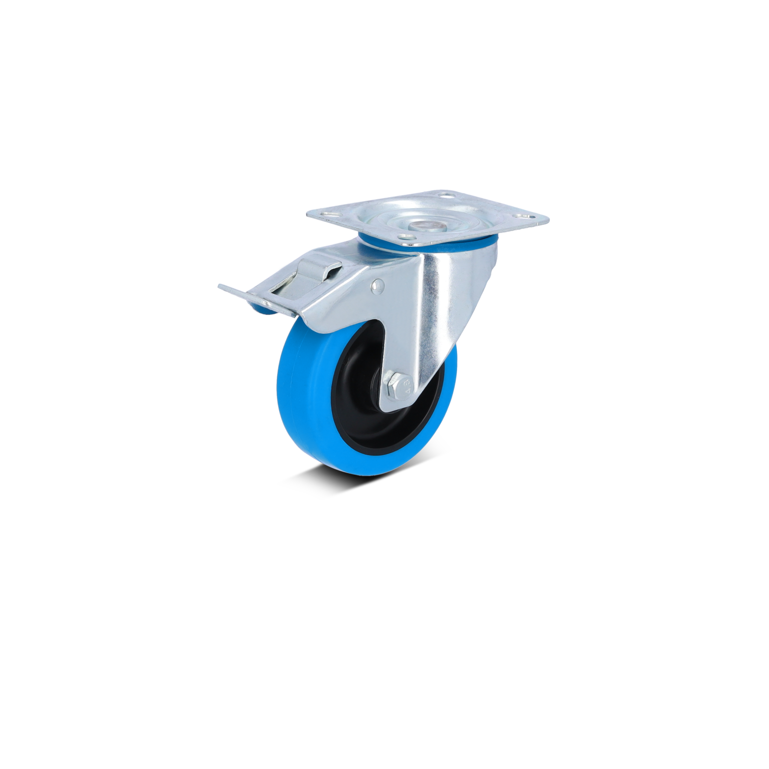 Zwenkwiel met een blauw rubberen loopvlak en een metalen montageplaat. Het wiel is ontworpen voor eenvoudig draaien en is geplaatst in een neutrale achtergrond. 
