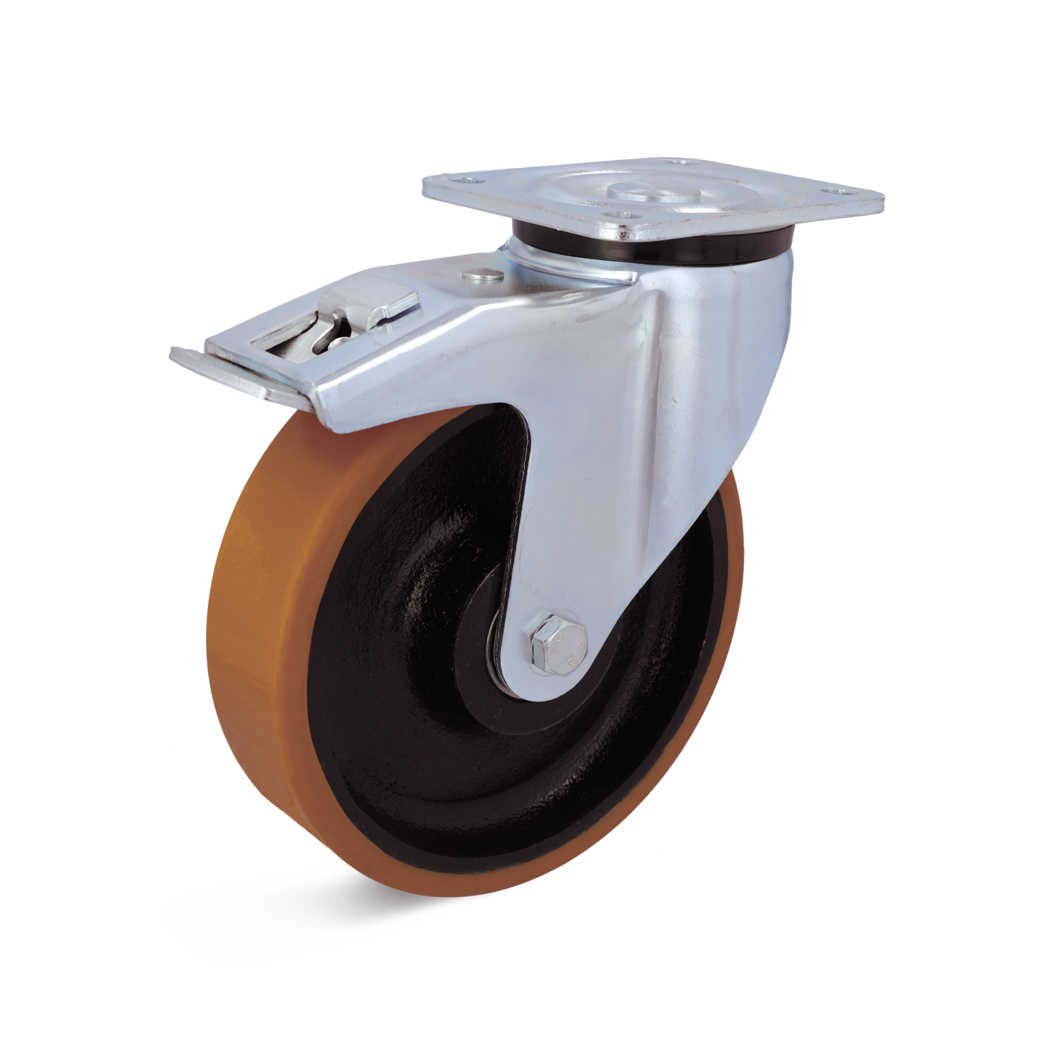 Zwenkwiel met een metalen ophangbeugel, voorzien van een bruine rubberen band en een zwart kunststof wiel. De beugel is bevestigd met schroeven aan een vlak oppervlak.