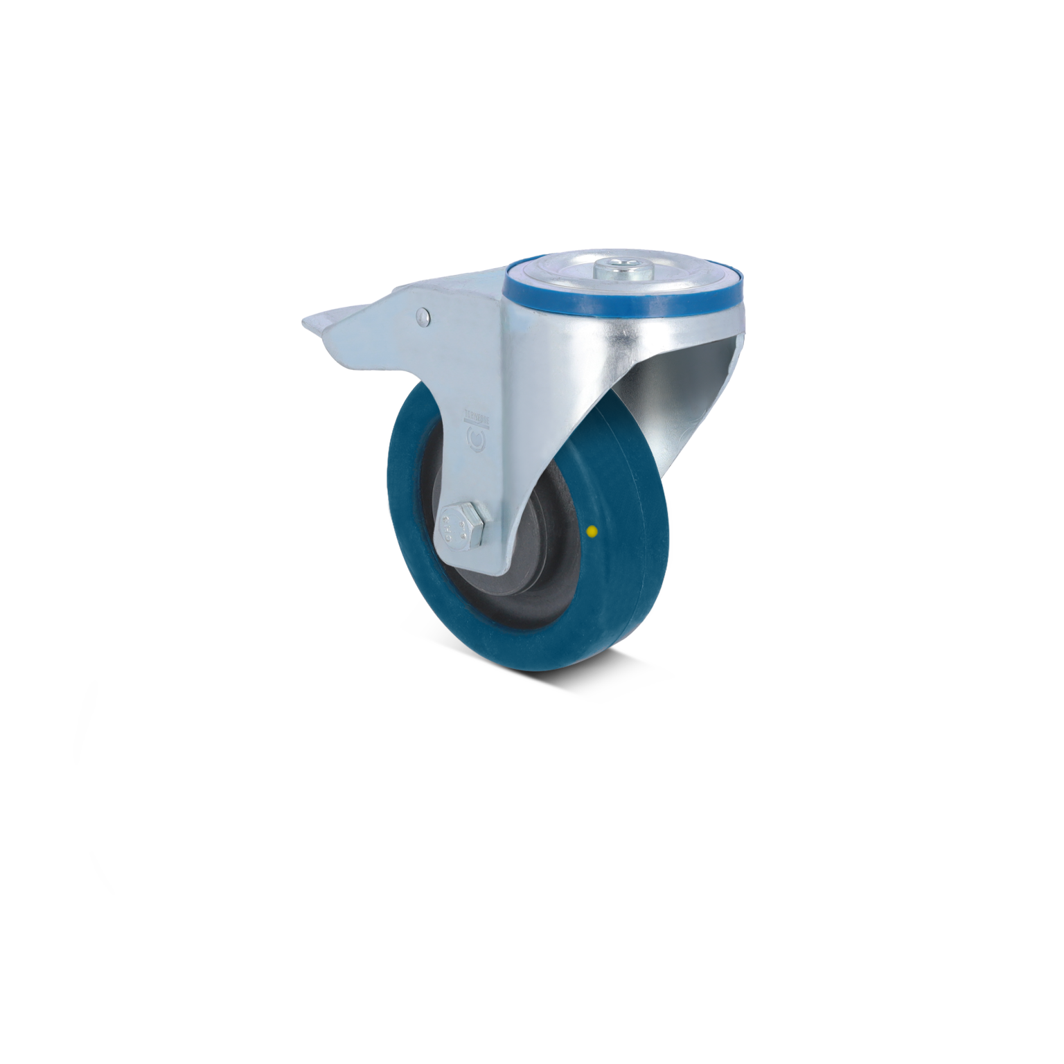 Zwenkwiel met een blauwe rubberen band en een glanzend metalen behuizing. Het wiel heeft een bevestigingsplaat met een bout en een gele markering. De achtergrond is eenvoudig en onopvallend.