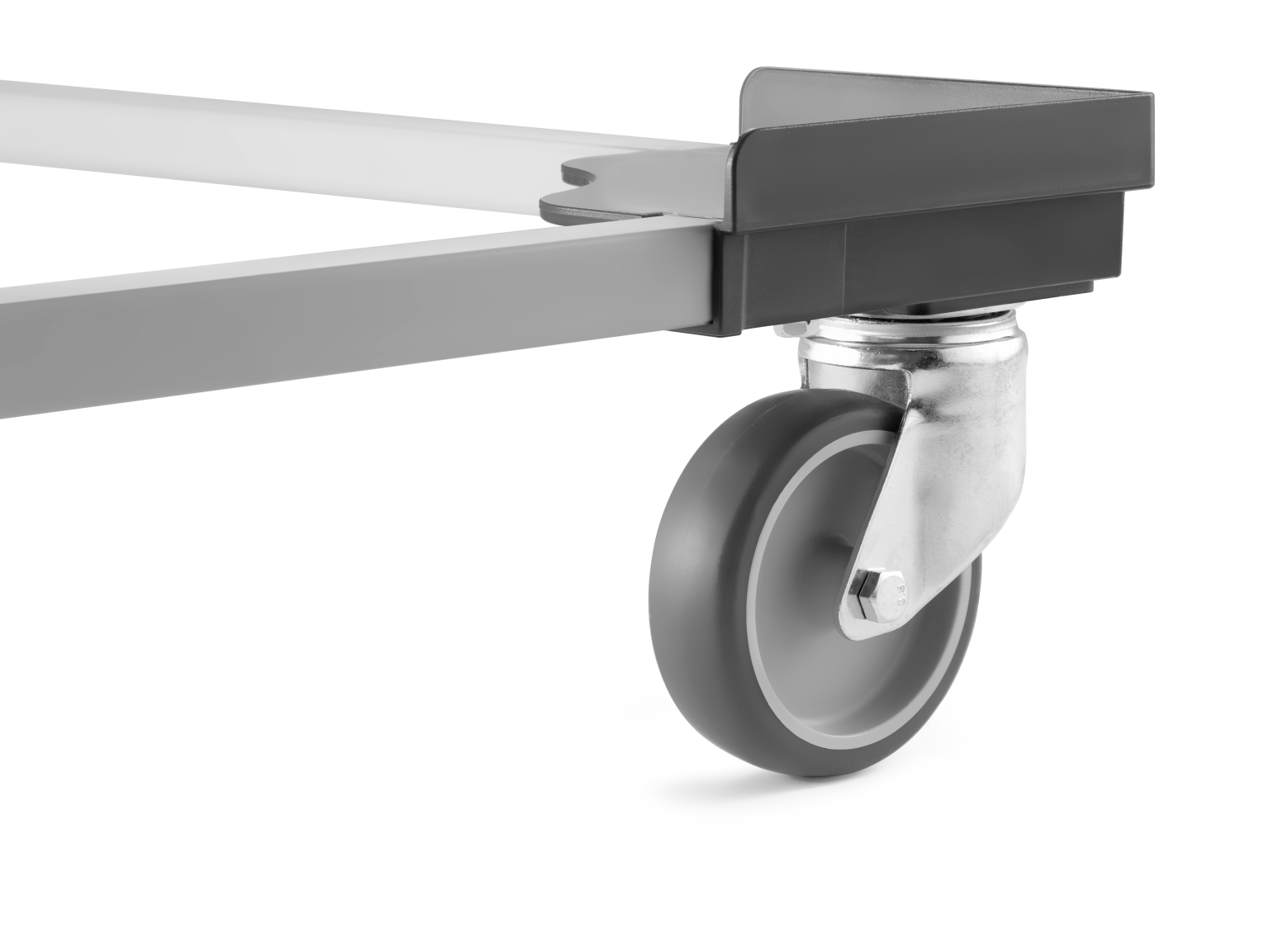 A grey industrial caster with a rubber wheel is mounted on a metal frame. It features a swivel head for maneuverability, positioned on a plain white background, highlighting its design and function.