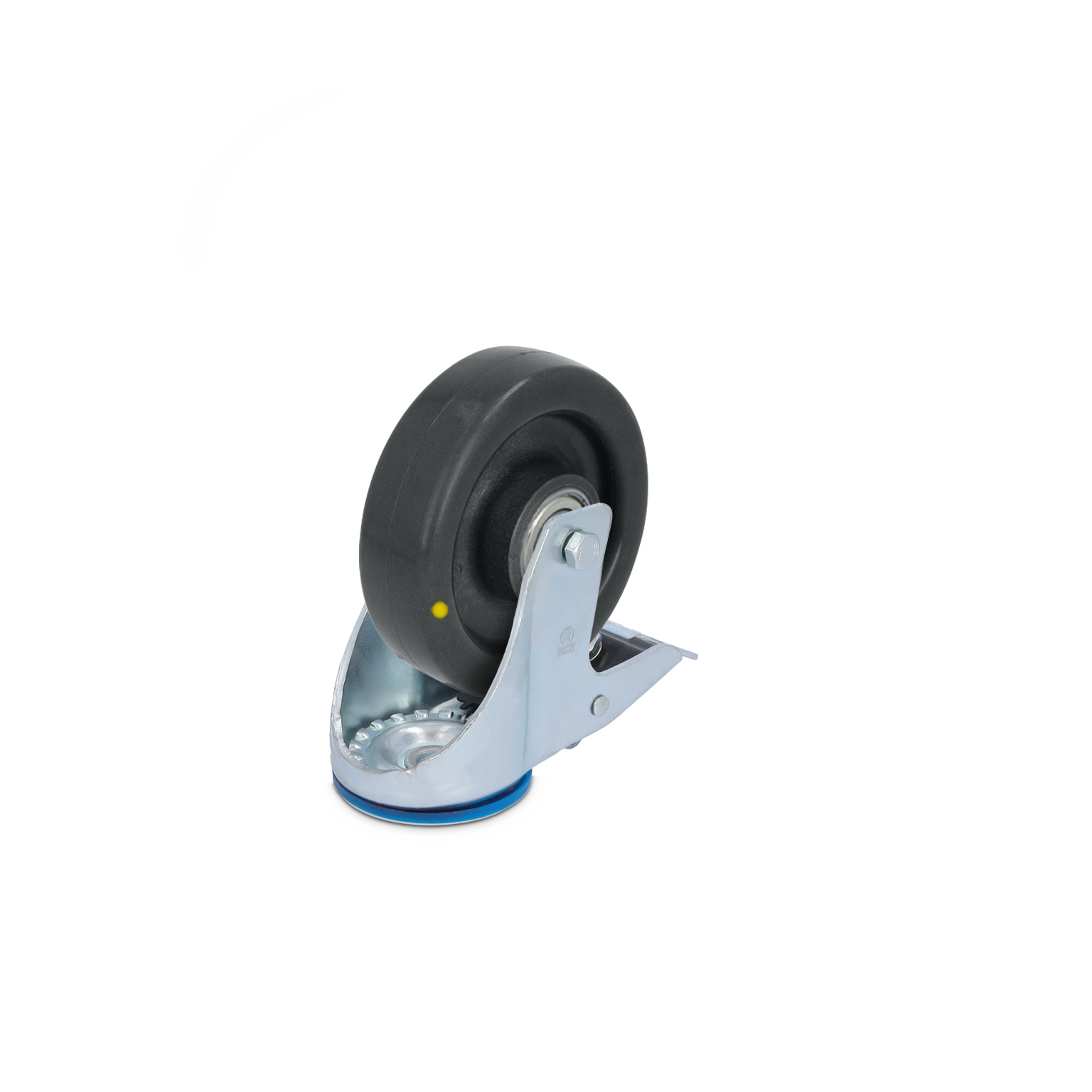 Zwarte rubberen wiel met glimmend metalen bevestiging. Het wiel is bevestigd aan een bevestigingsplaat met een gele stip en heeft een ronde as. De achtergrond is blanco.