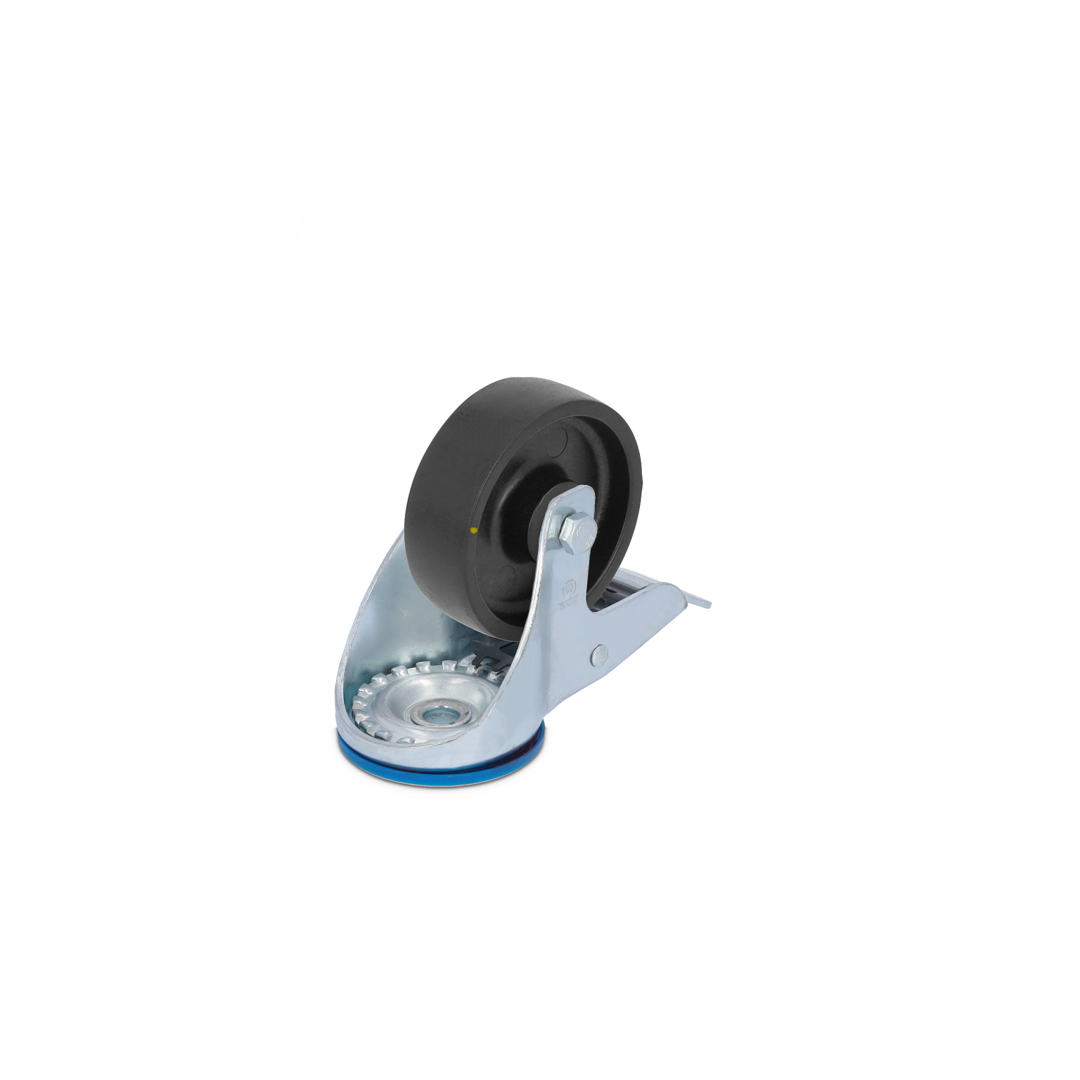 Zwart rubberwiel met metalen bevestiging, gemonteerd op een glanzende metalen basis. Het wiel draait soepel en staat rechtop, met een blauwe rand onderaan de basis, op een lichte achtergrond.