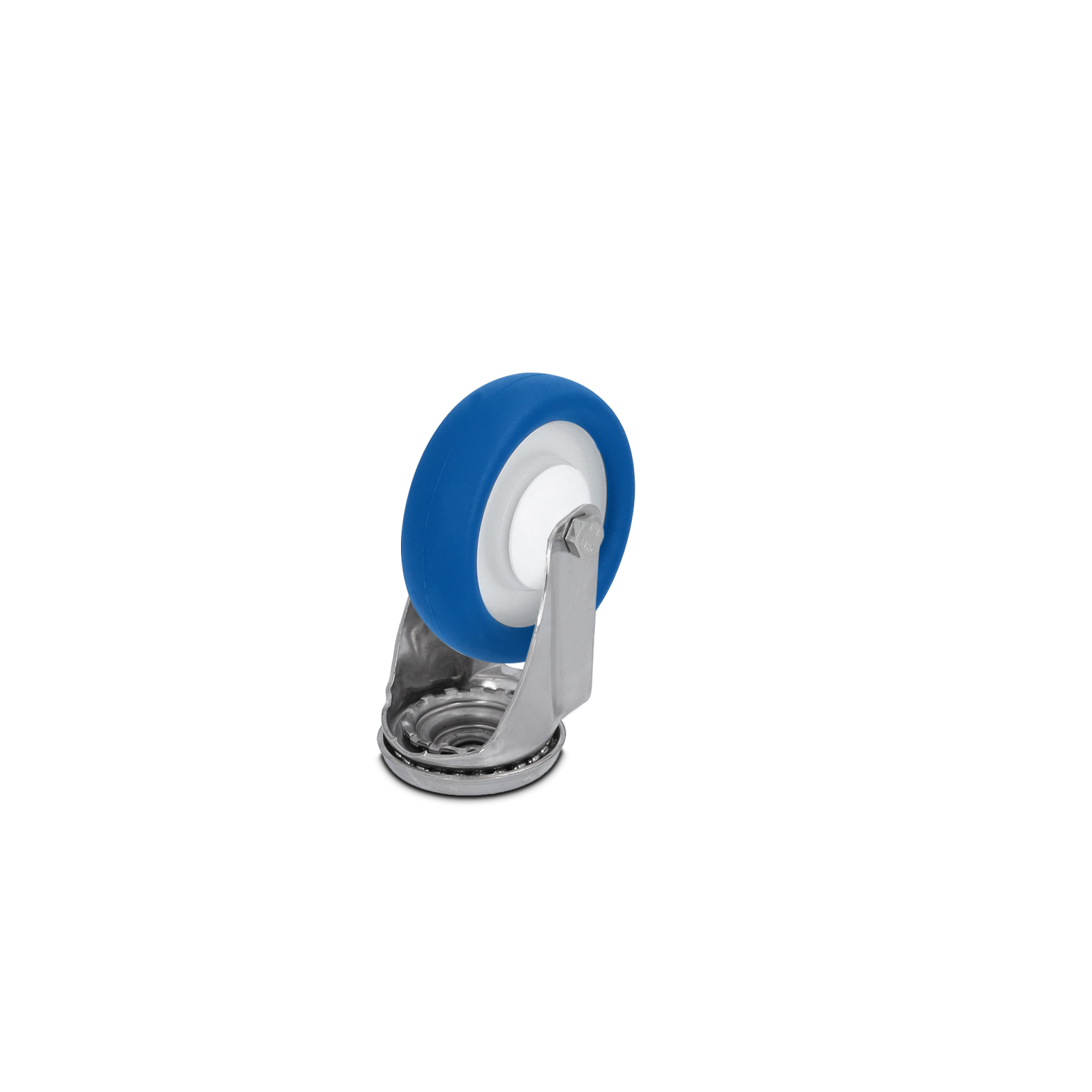 Blauwe rubberen wiel met een metalen bevestigingsplaat. Het wiel heeft een witte kern en is gepositioneerd om een glijdende beweging te faciliteren binnen een industriële omgeving.