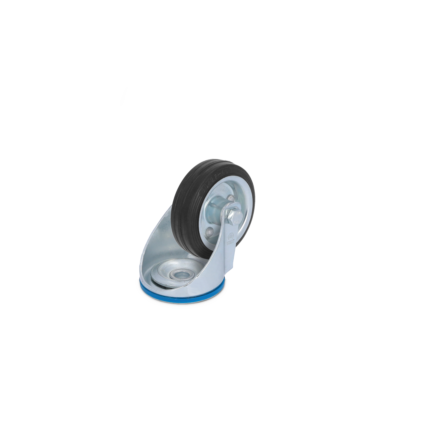 Een metalen zwenkwiel met een zwarte rubberen band en een geprofileerde montageplaat. Het is gepositioneerd met de band recht omhoog en heeft een blauw randje aan de basis.