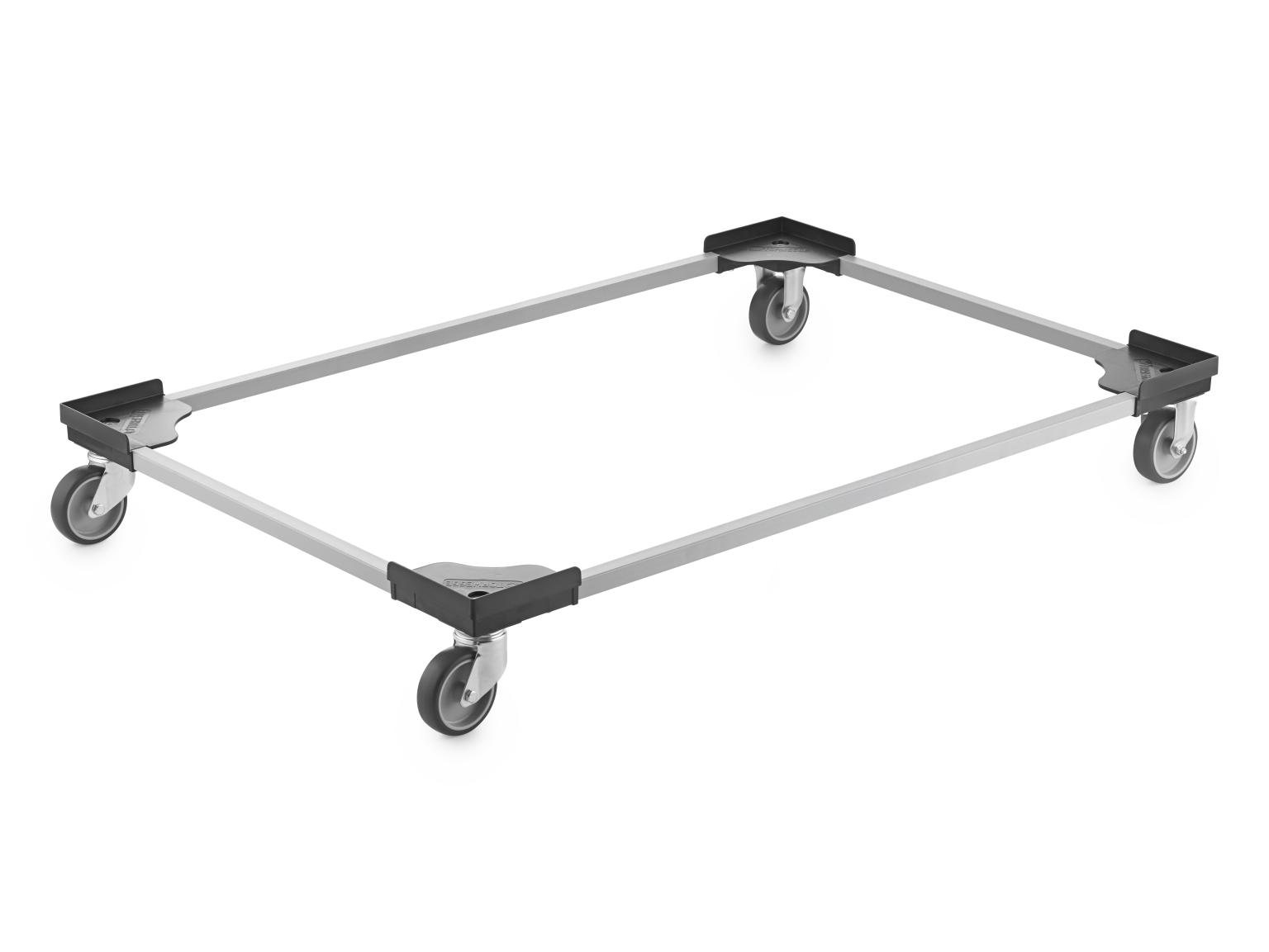 A rectangular transport trolley with four swivel castors at each corner is visible. The frame is made of metal, with plastic corners providing stability. The background is plain, emphasizing the trolley-s design.