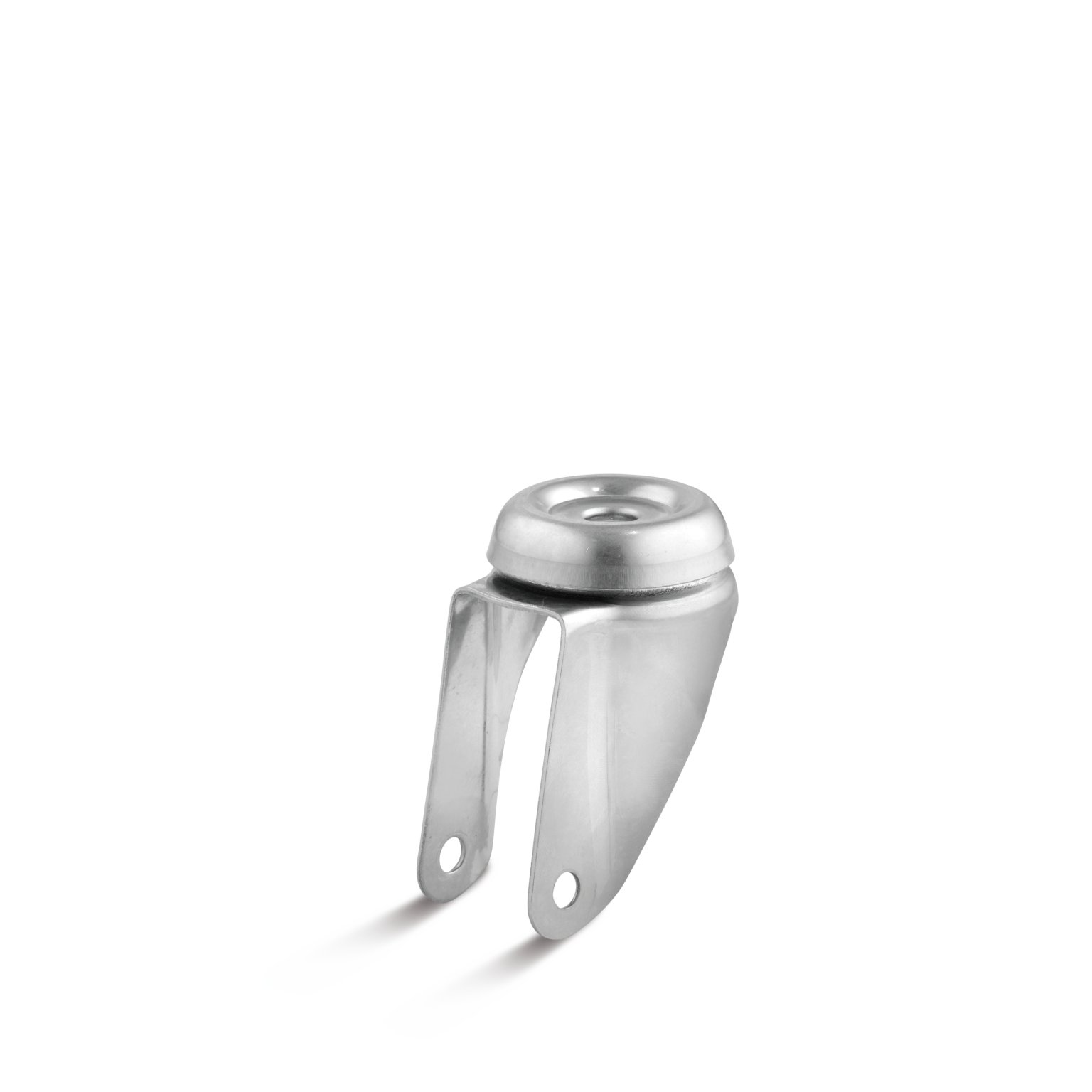 Een metalen component met een ronde bovenkant en twee bevestigingsarmen aan de zijkanten. Het is afgewerkt in een glanzend, zilverkleurig materiaal en lijkt ontworpen voor montagemogelijkheden.