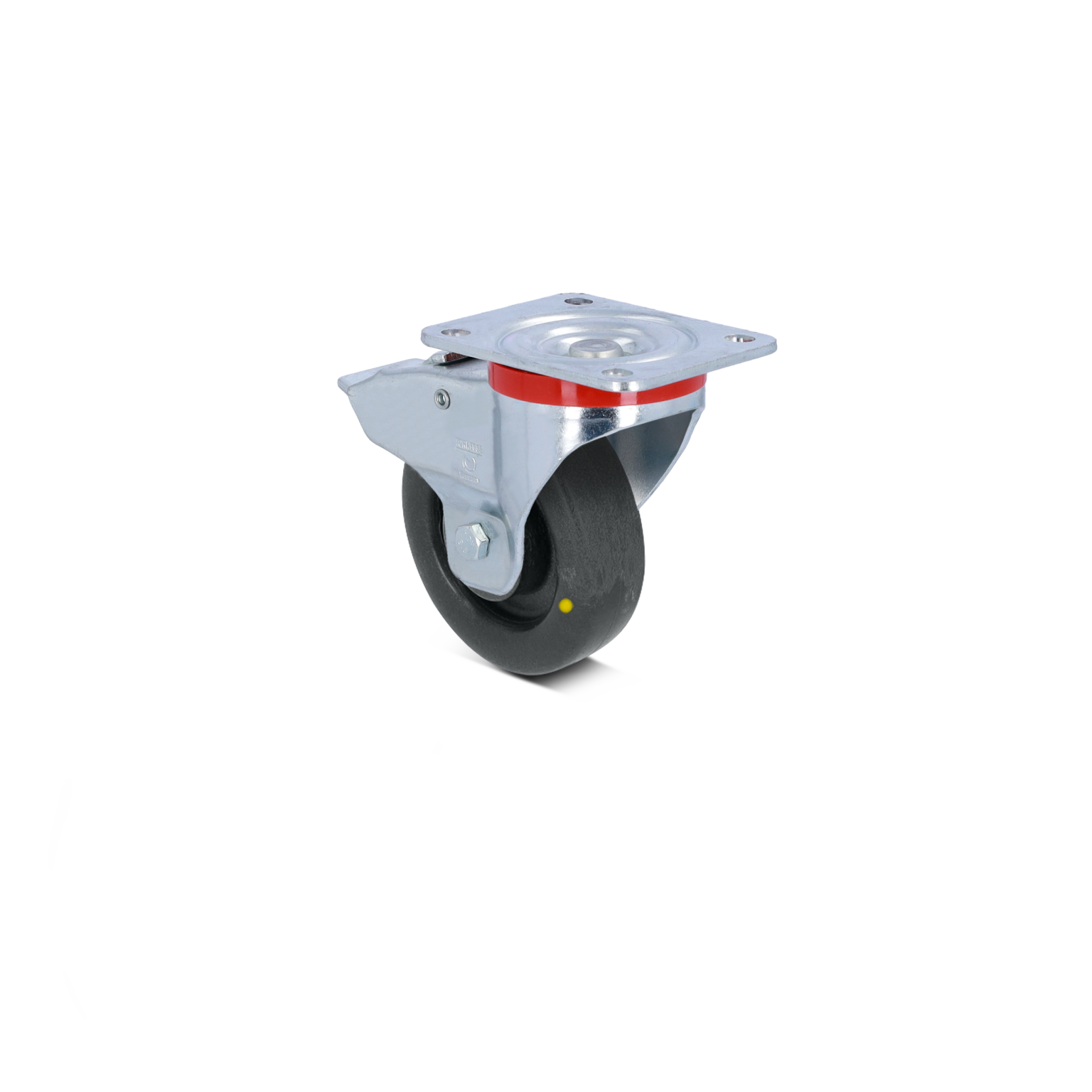 A black rubber wheel is mounted on a shiny metal swivel plate. The wheel features a red accent and a yellow dot, positioned against a blank background.