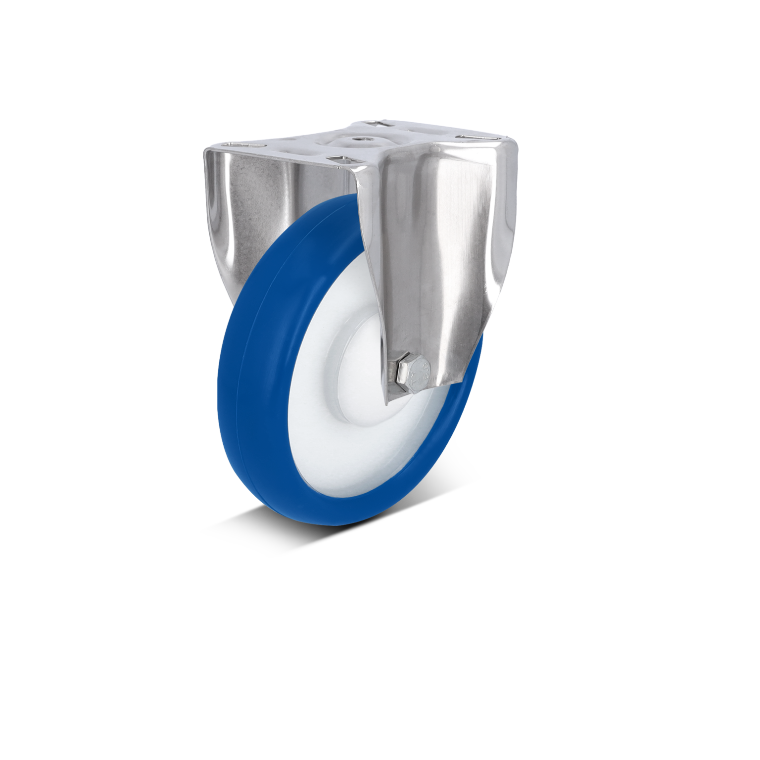Eine industielle Rolle mit einem blauen Gummi-Umfang und einem weißen Innenteil. Die Rolle ist an einer Metallbasis befestigt, die eine quadratische Montageplatte und eine seitliche Halterung aufweist.