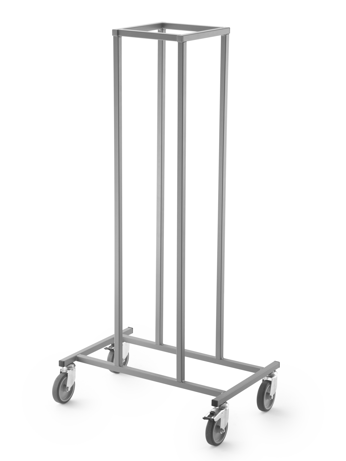 A transport trolley featuring a tall, rectangular frame with an open top. It has a metal base and is equipped with four wheels, allowing for mobility in industrial environments.