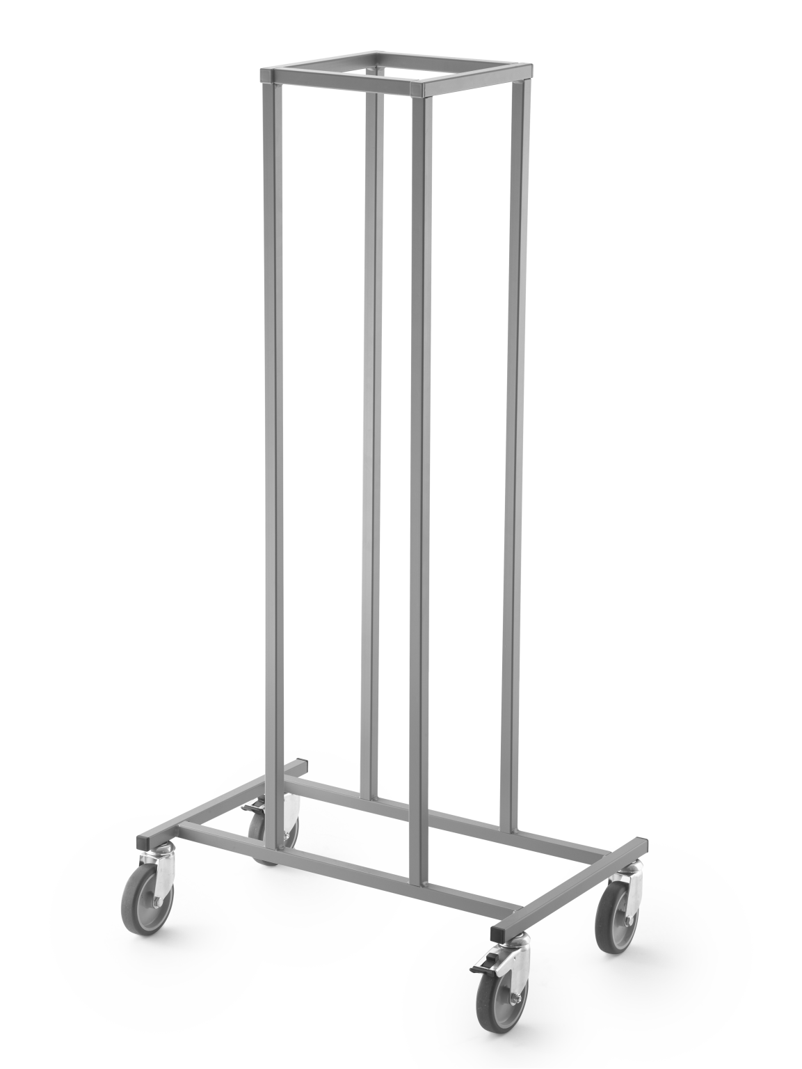 A transport trolley featuring a tall, rectangular frame with an open top. It has a metal base and is equipped with four wheels, allowing for mobility in industrial environments.