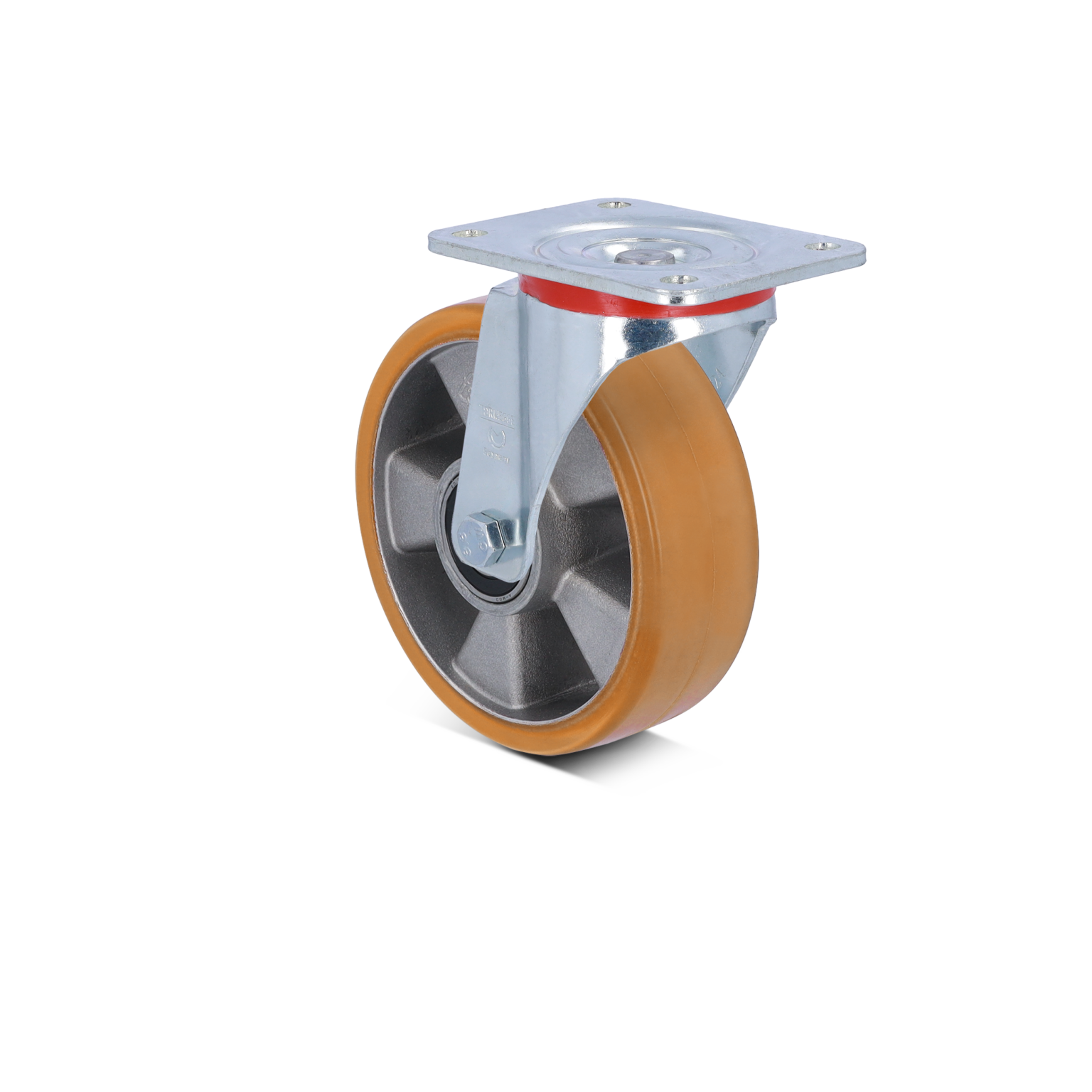 A grey castor wheel features a brown rubber tire and a mounting plate with four holes. It is designed for smooth movement and is positioned against a plain background.