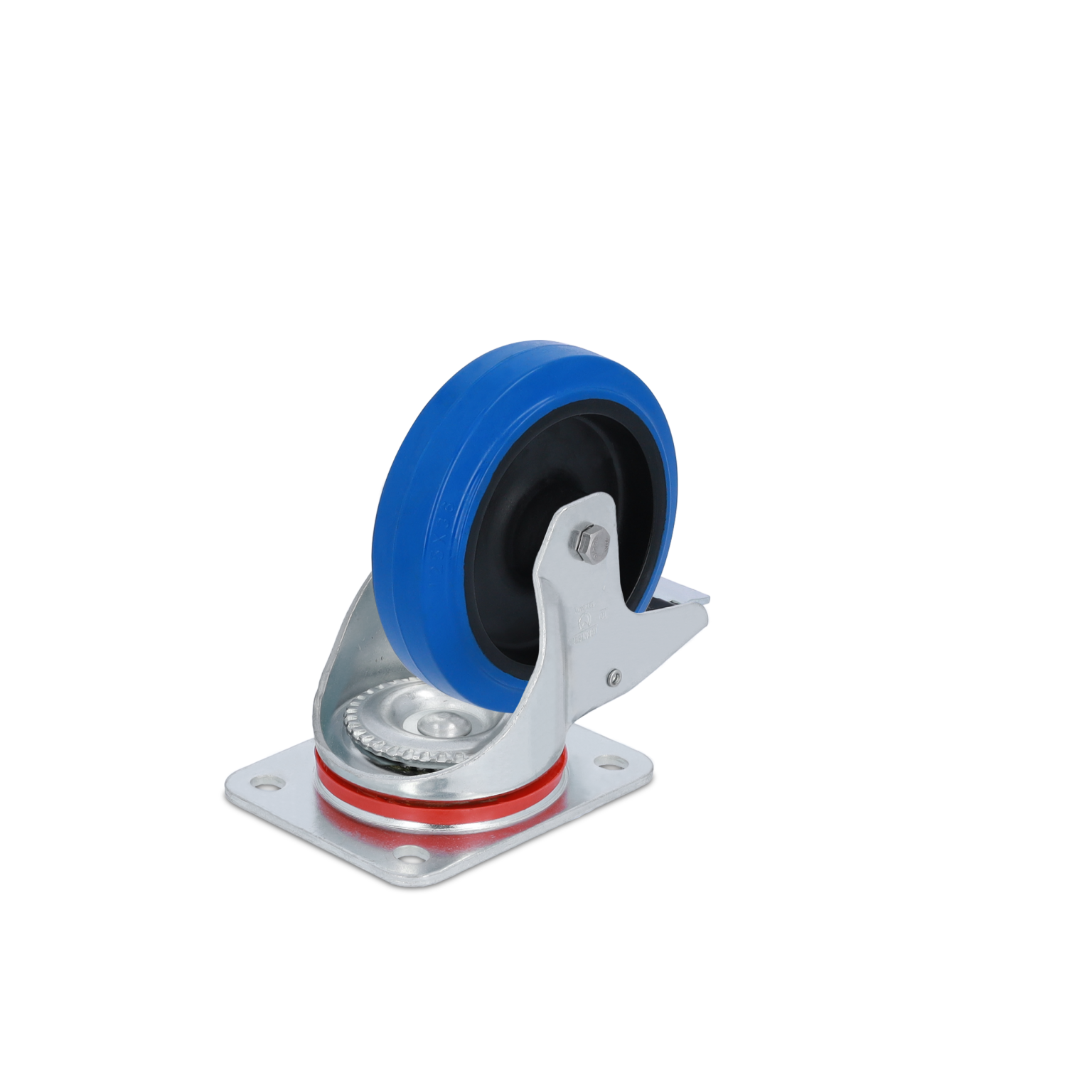 A swivel caster with a blue rubber wheel and a silver metal frame is shown. It features a locking mechanism and is mounted on a square base plate with red rubber rings for cushioning.