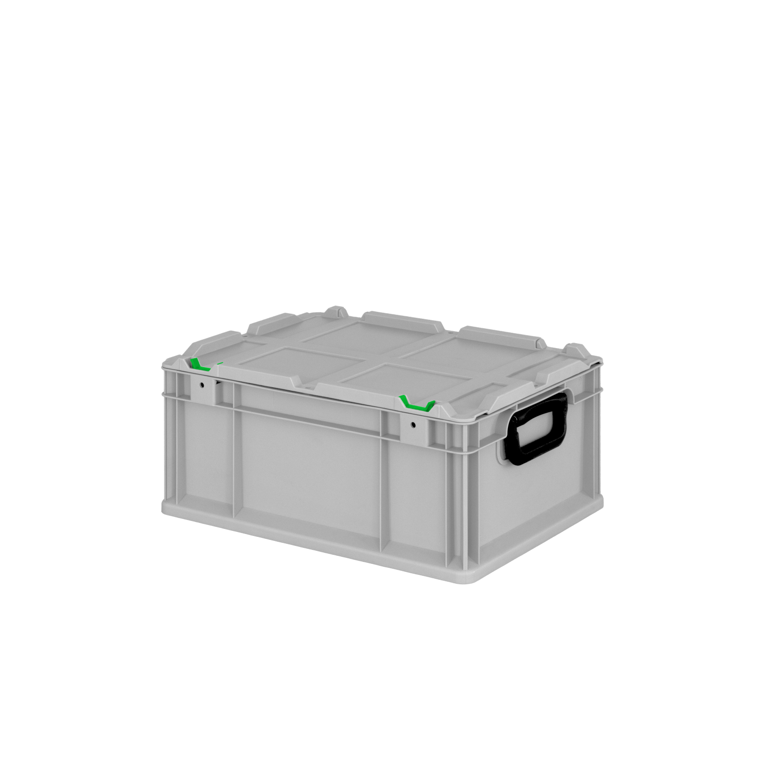 Graue Transportbox mit einem stabilen Deckel und zwei schwarzen Griffen, positioniert auf einer neutralen, dunklen Fläche. An den Ecken befinden sich grüne Markierungen zur einfachen Handhabung.