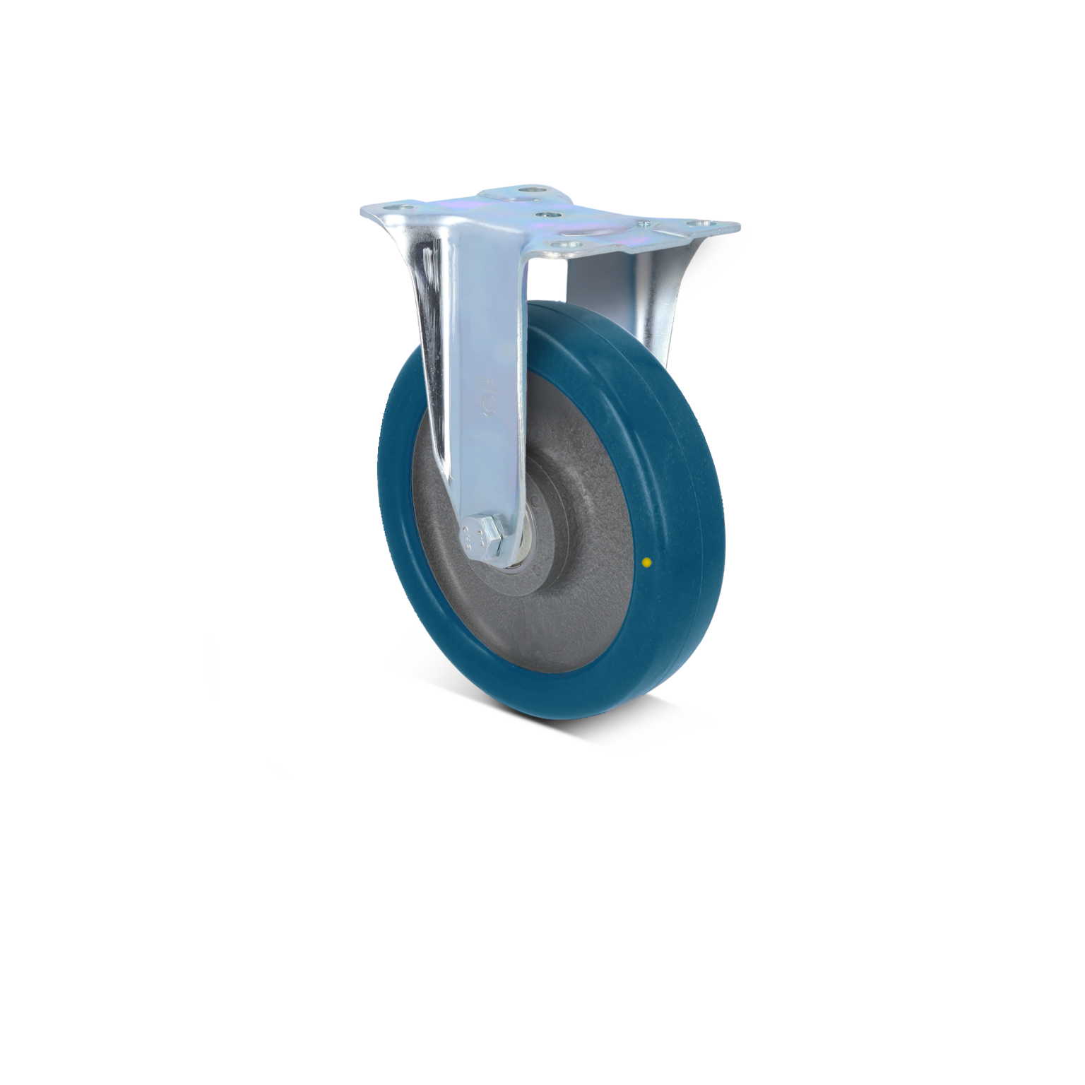 Zwenkwiel met een blauw rubberen loopvlak en metalen montageplaat. Het wiel is ontworpen voor gebruik in industriële omgevingen en ondersteunt gemakkelijk transport. Achtergrond is blanco.