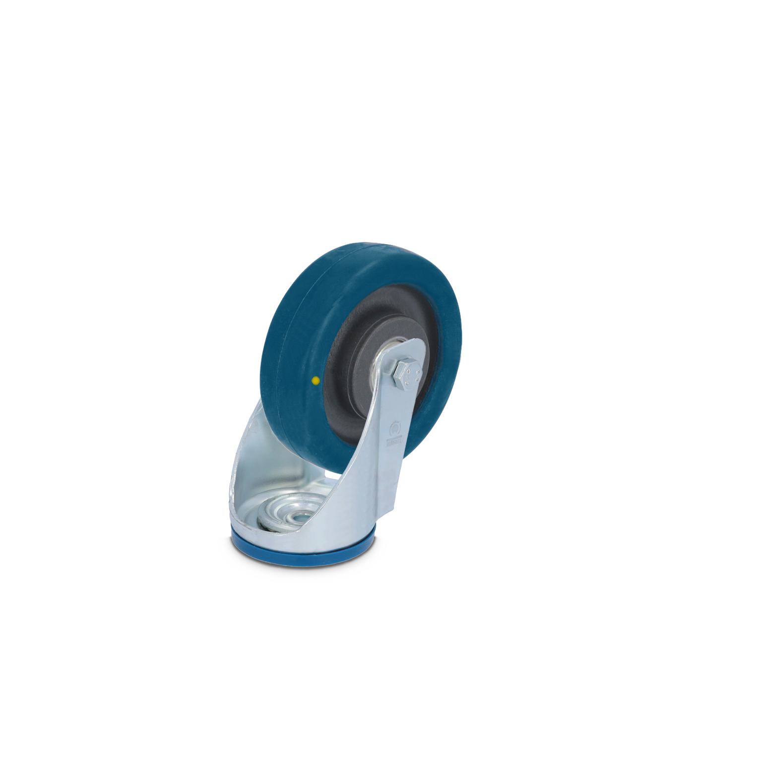 Een blauwe zwenkwiel met een metalen bevestigingsbeugel. Het wiel heeft een rubberen randen en een stevige as, geschikt voor gebruik in industriële toepassingen. De ondergrond is onzichtbaar.