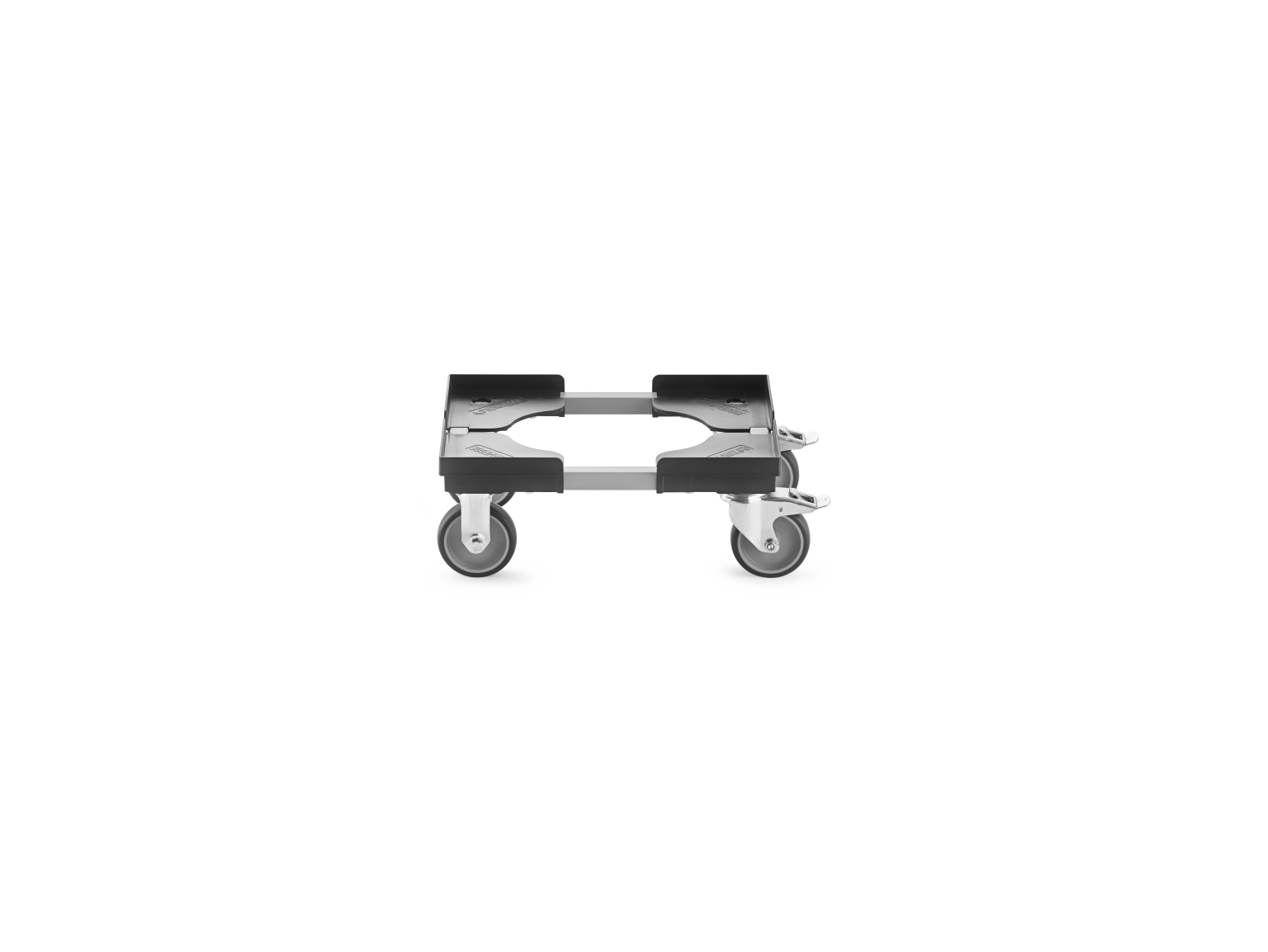 A transport trolley features a flat platform with rounded edges, mounted on four swivel wheels. This design allows for easy mobility in industrial settings, typically used for moving goods.