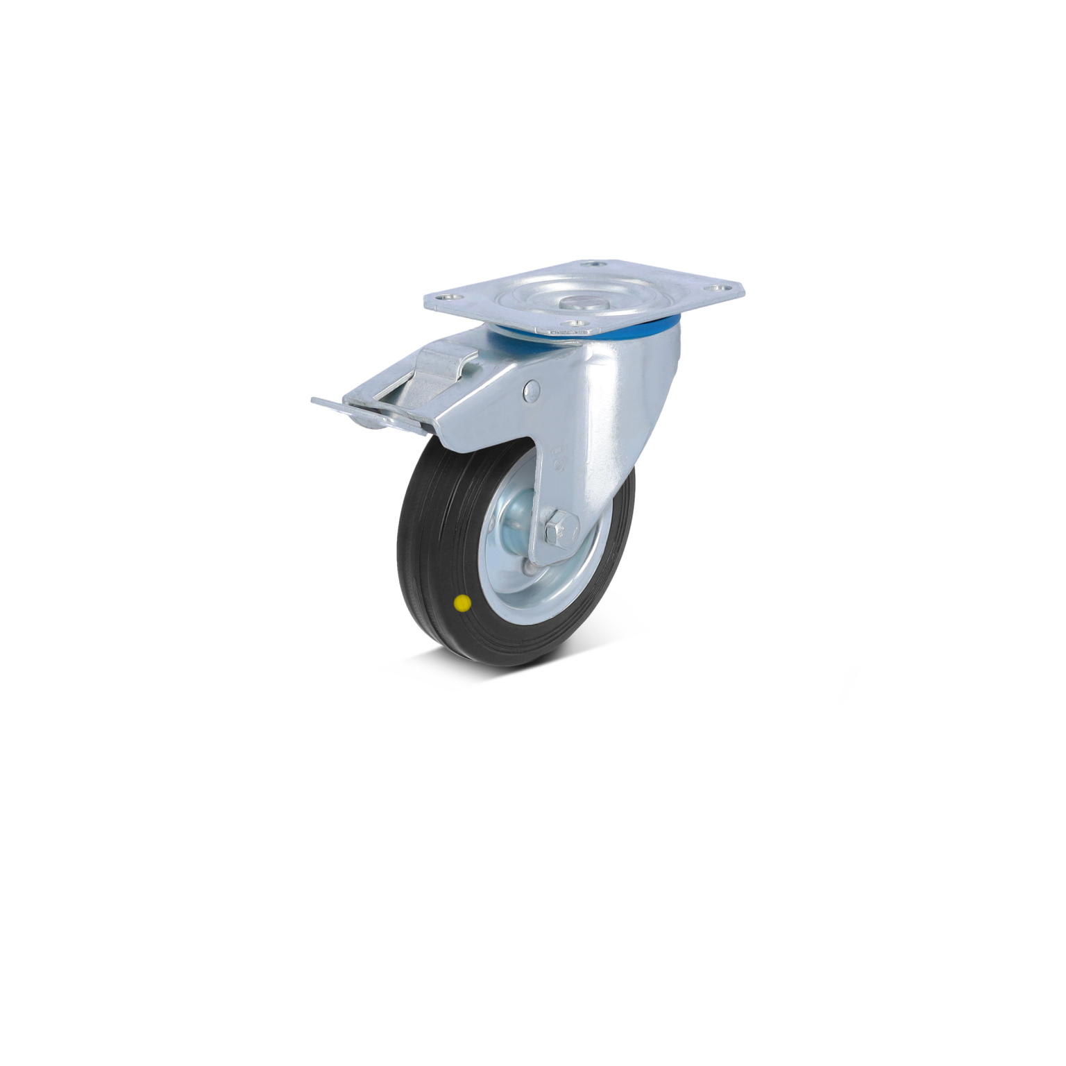 A swivel caster featuring a black rubber wheel, a shiny metal frame, and a rectangular mounting plate. It is positioned at an angle, showing the wheel and frame distinctly against a blank background.