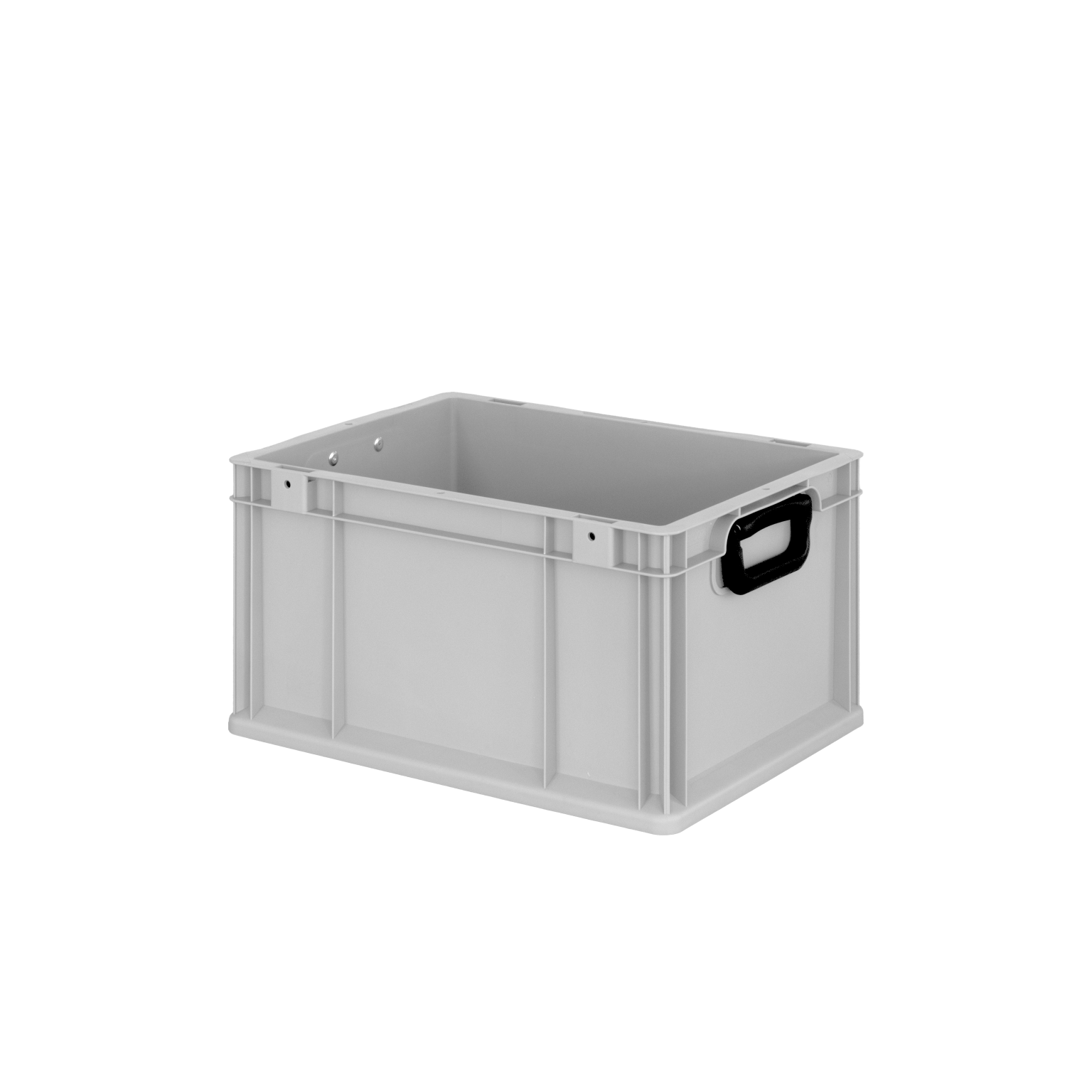 A rectangular gray plastic storage crate is shown. It features reinforced corners and a sturdy design, with a handle on one side for easy carrying. The background is blank.