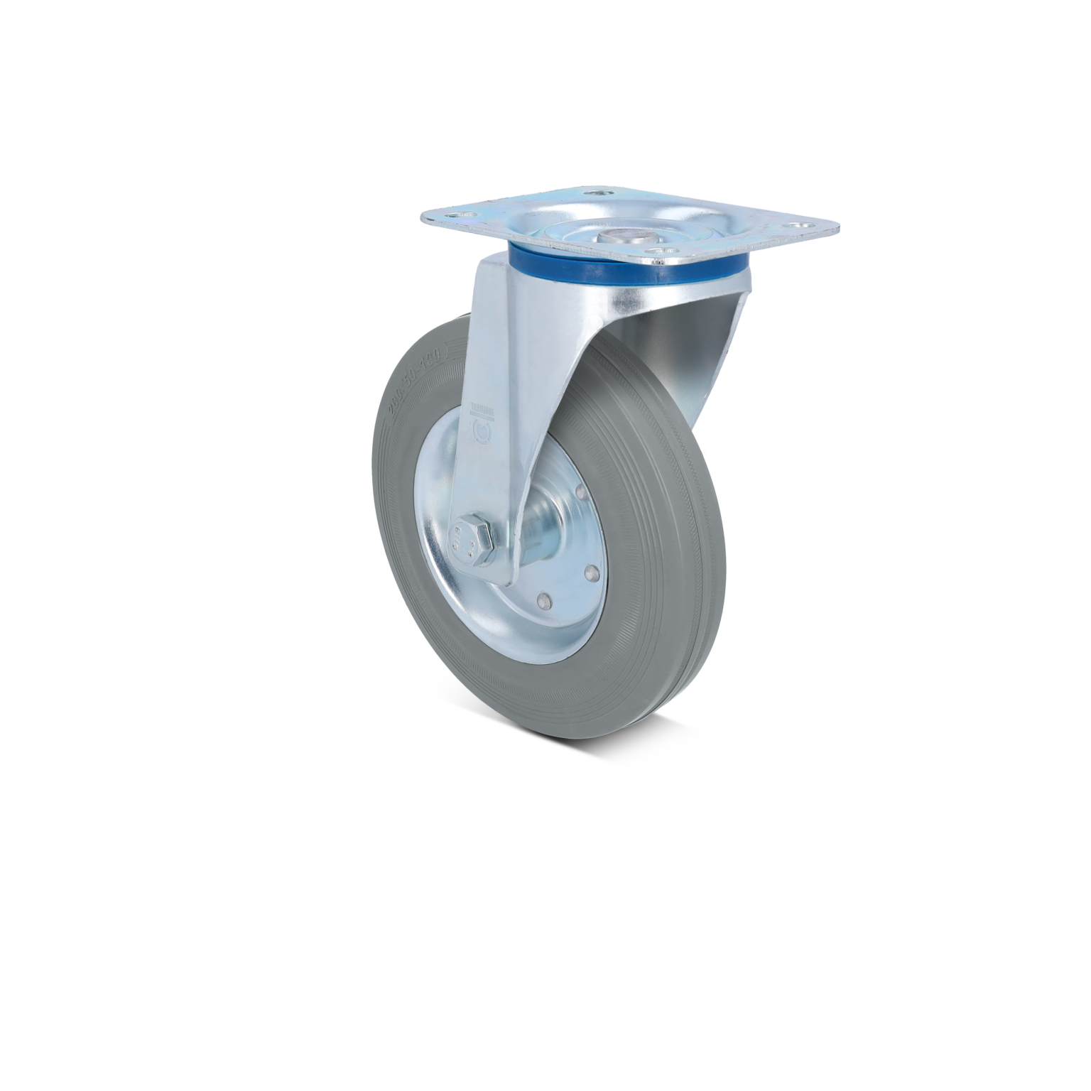 Zwenkwiel met een metalen montagesteun, voorzien van een rubberen band voor demping. Het wiel is stevig en geschikt voor gebruik in industriële omgevingen, met een focus op mobiliteit.