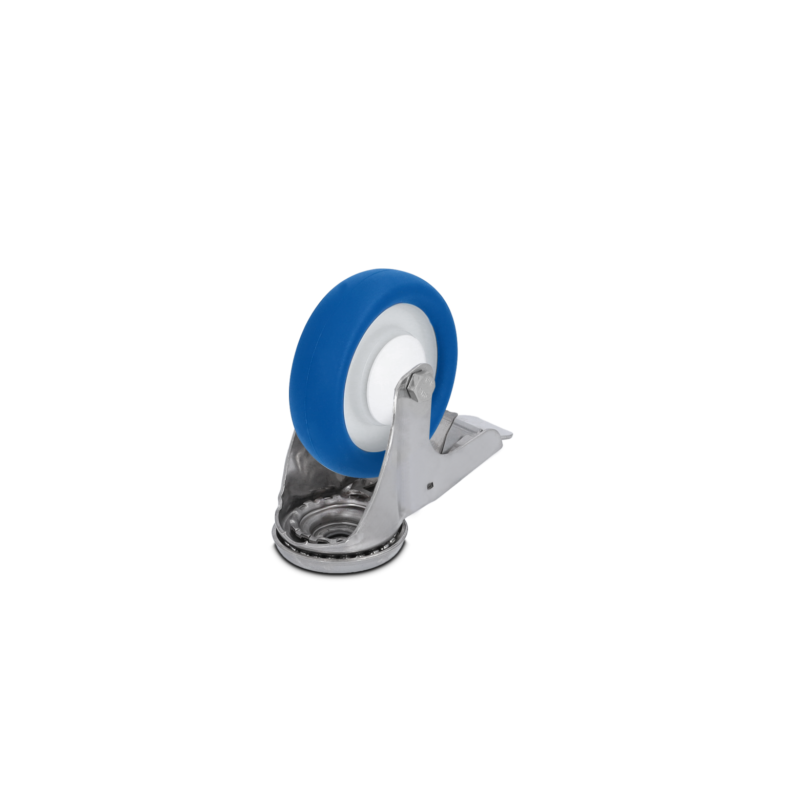 Een blauwe rubberen wiel bevestigt aan een metalen montagesteun. Het ontwerp is geschikt voor gebruik in industriële toepassingen, met een glijring en flexibele bewegingsmogelijkheden.