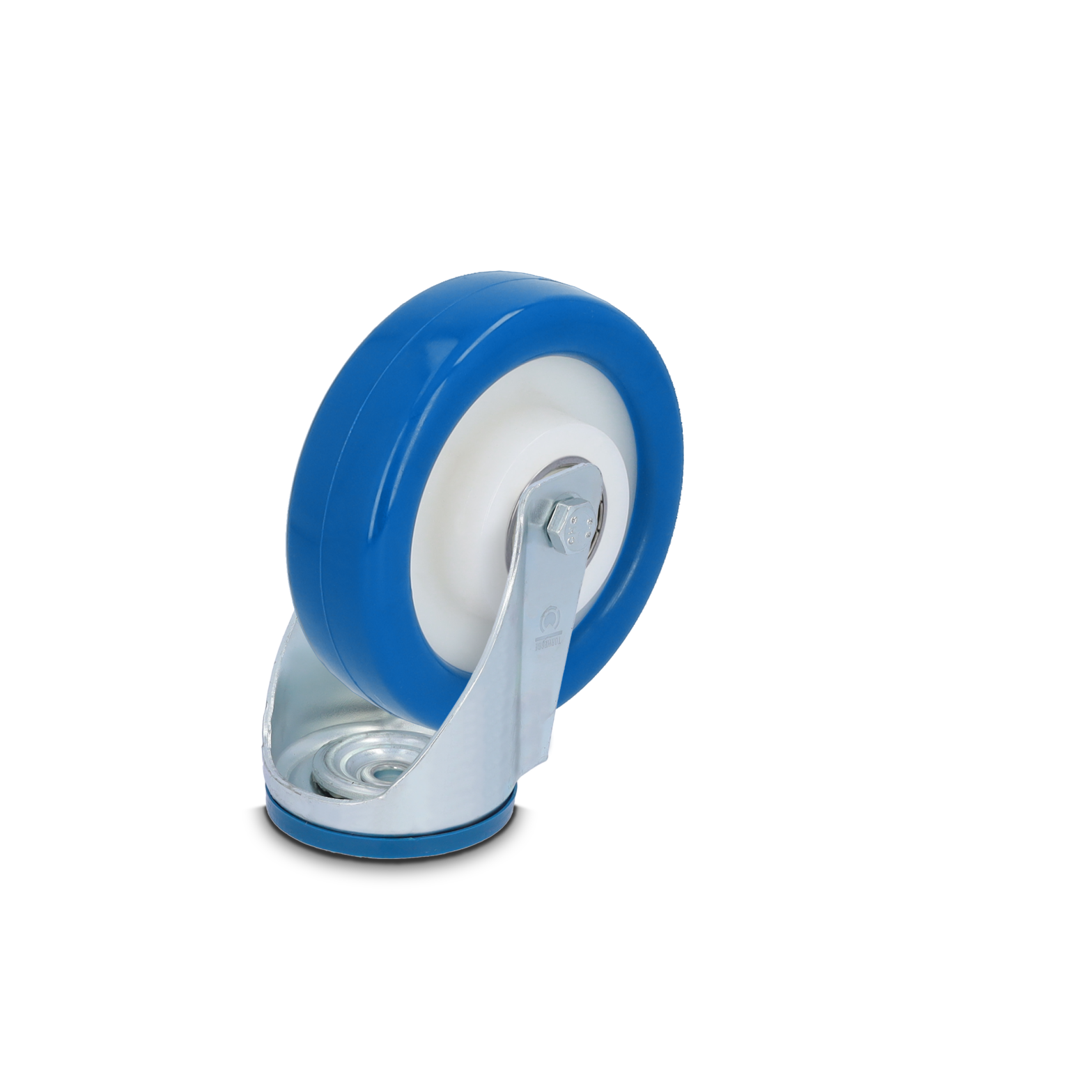 Blauwe industriewiel met een witte binnenkant, bevestigd aan een ronde metalen basis. Het wiel is ontworpen voor gebruik in transportsystemen, met een stevige montage voor stabiliteit en mobiliteit.