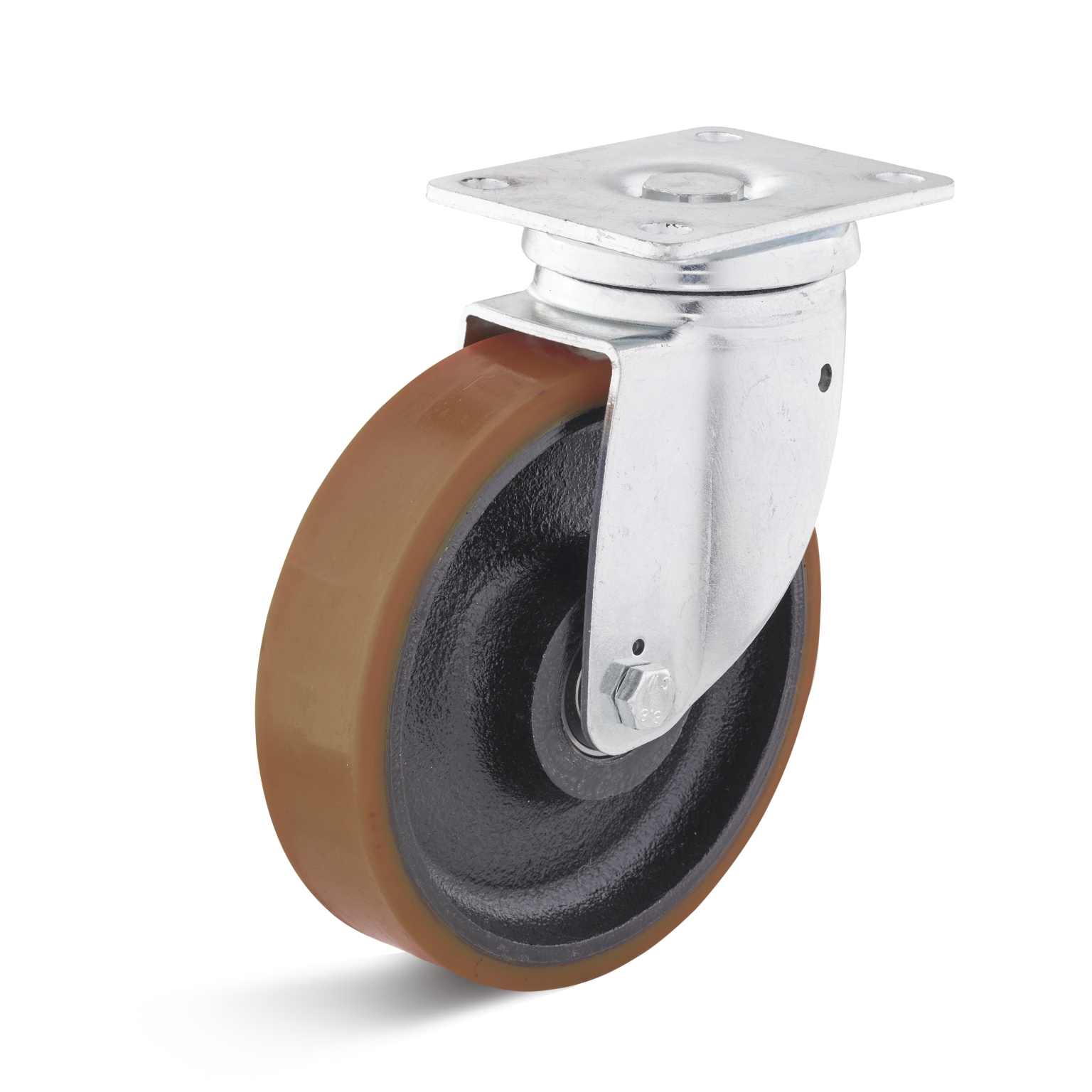A swivel castor features a black wheel with a brown rubber edge, attached to a shiny metal mounting plate. The plate has multiple holes for secure installation.