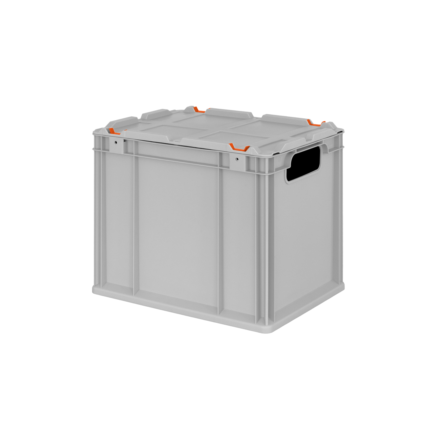 Ein grauer Kunststoffbehälter mit orangefarbenen Griffen. Der Behälter hat eine stabile, durchsichtige Konstruktion und ist aufrecht positioniert. Er dient der Lagerung und dem Transport von Materialien in industriellen Umgebungen.