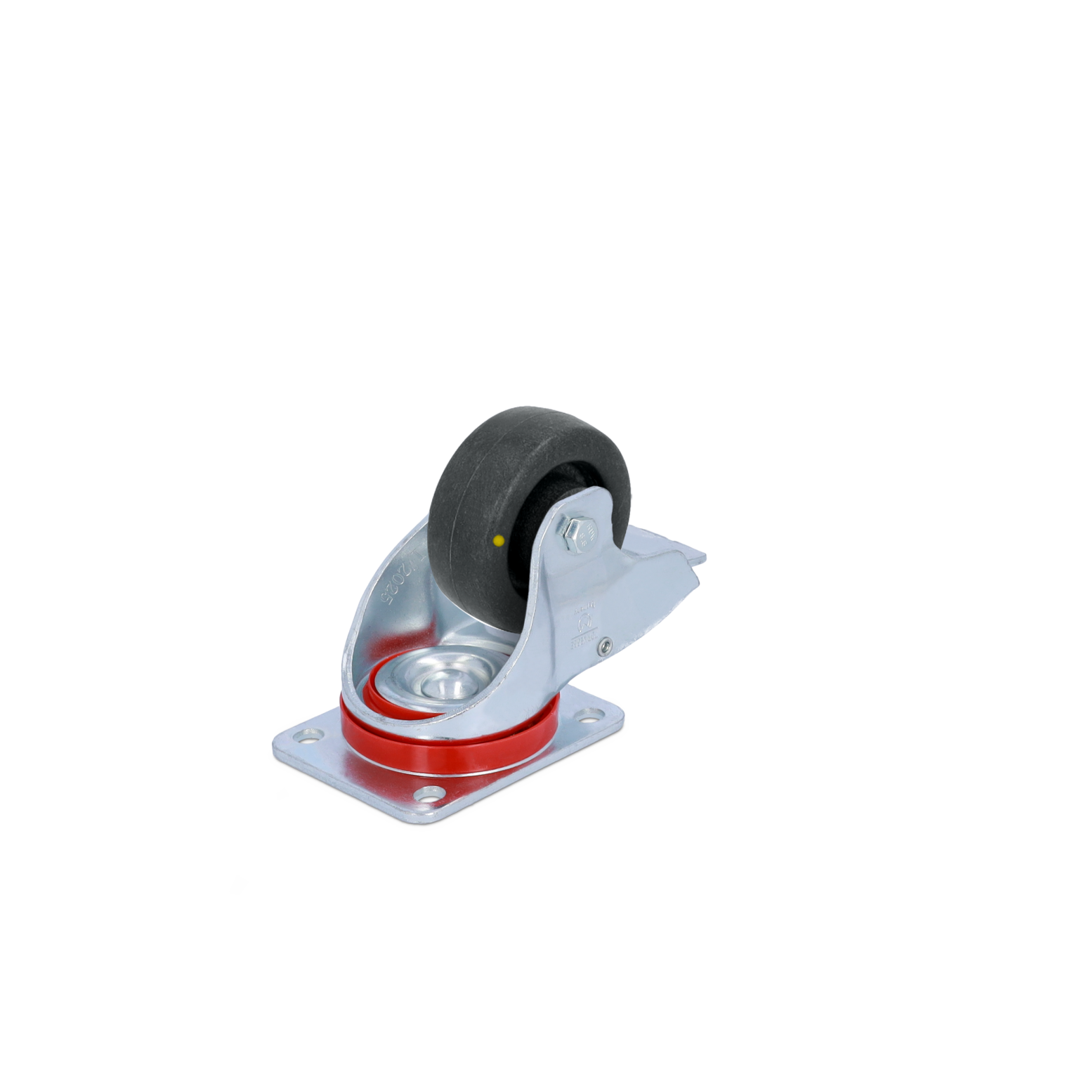 A swivel caster features a black rubber wheel mounted on a chrome-plated bracket with a red base. It is designed for mobility within industrial applications, set against a plain background.