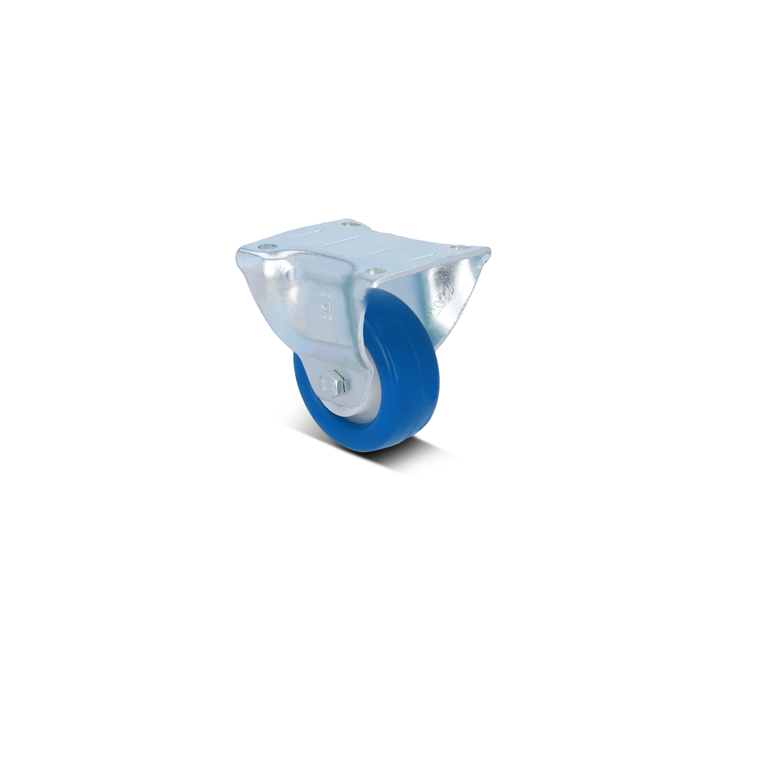 Een zilver metalen voet met een blauwe rubberen wiel is zichtbaar, dat geplaatst is voor gebruik in industriële toepassingen. Het heeft een stevige bevestiging voor montage.