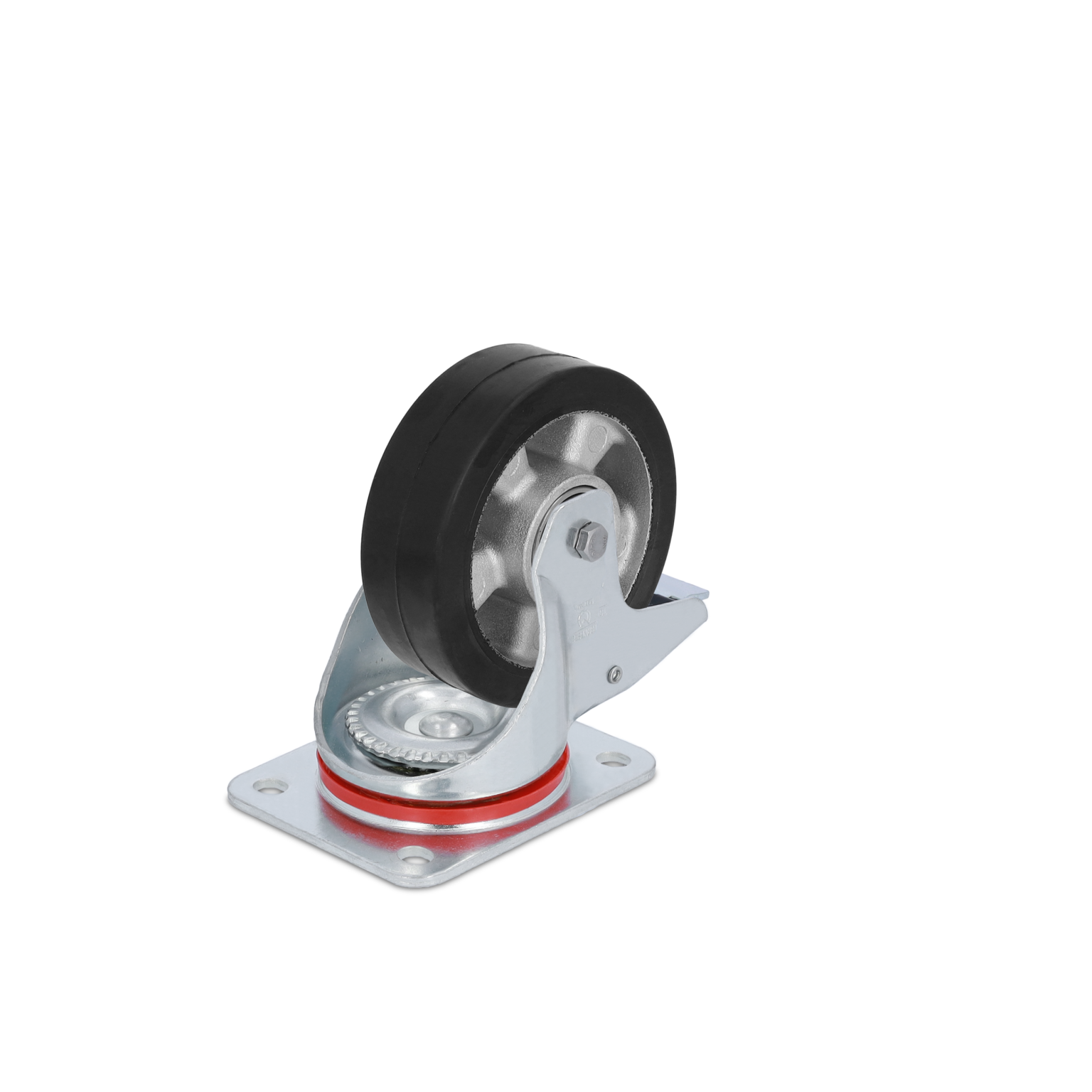 A swivel castor with a black rubber wheel is mounted on a silver metal plate. It features a metal bracket for secure attachment, positioned against a plain background.
