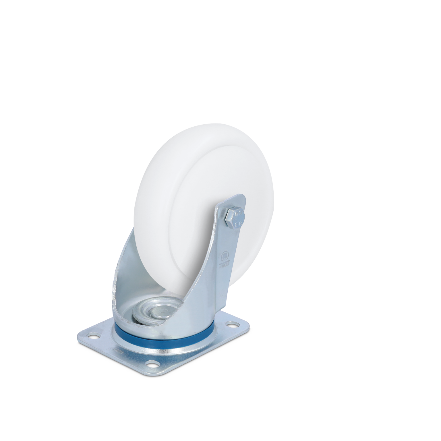 Industrial wheel featuring a smooth white polyolefin surface mounted on a metallic bracket. The wheel is secured with a bolt and positioned on a square mounting plate. The background is plain.