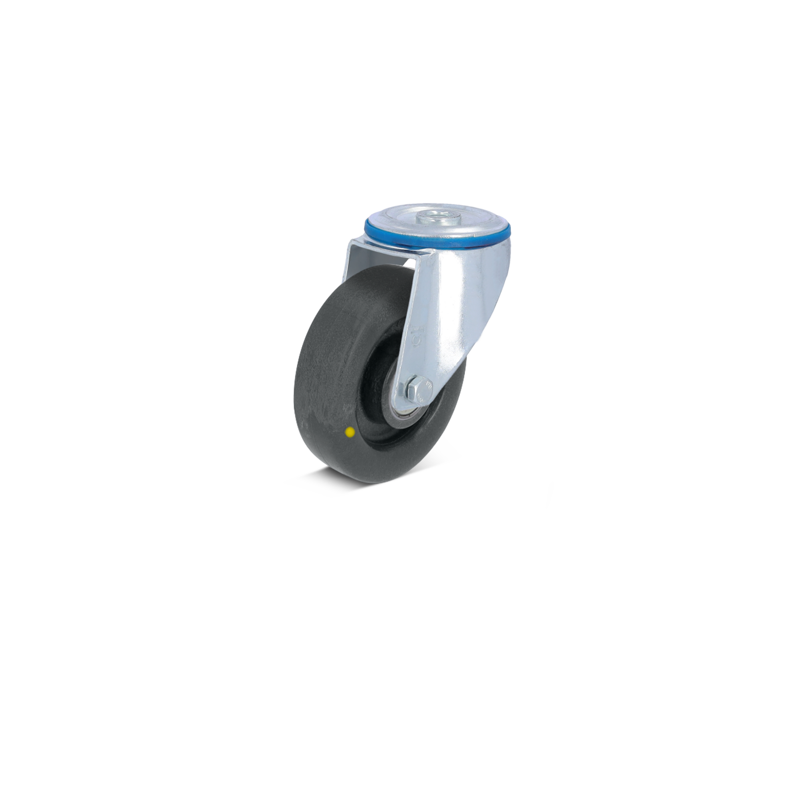 Zwenkwiel met een zwarte rubberen band en een metalen bevestigingsplaat. Het wiel is glanzend en heeft een blauwe ring. Er is een gele stip zichtbaar op de onderkant. Achtergrond is neutraal.