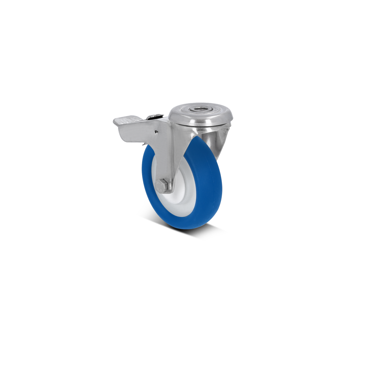Een metalen zwenkwiel met een blauwe rubberen band en een witte binnenring. Het wiel heeft een bevestigingsplaat en een remmechanisme, geplaatst tegen een zwarte achtergrond.