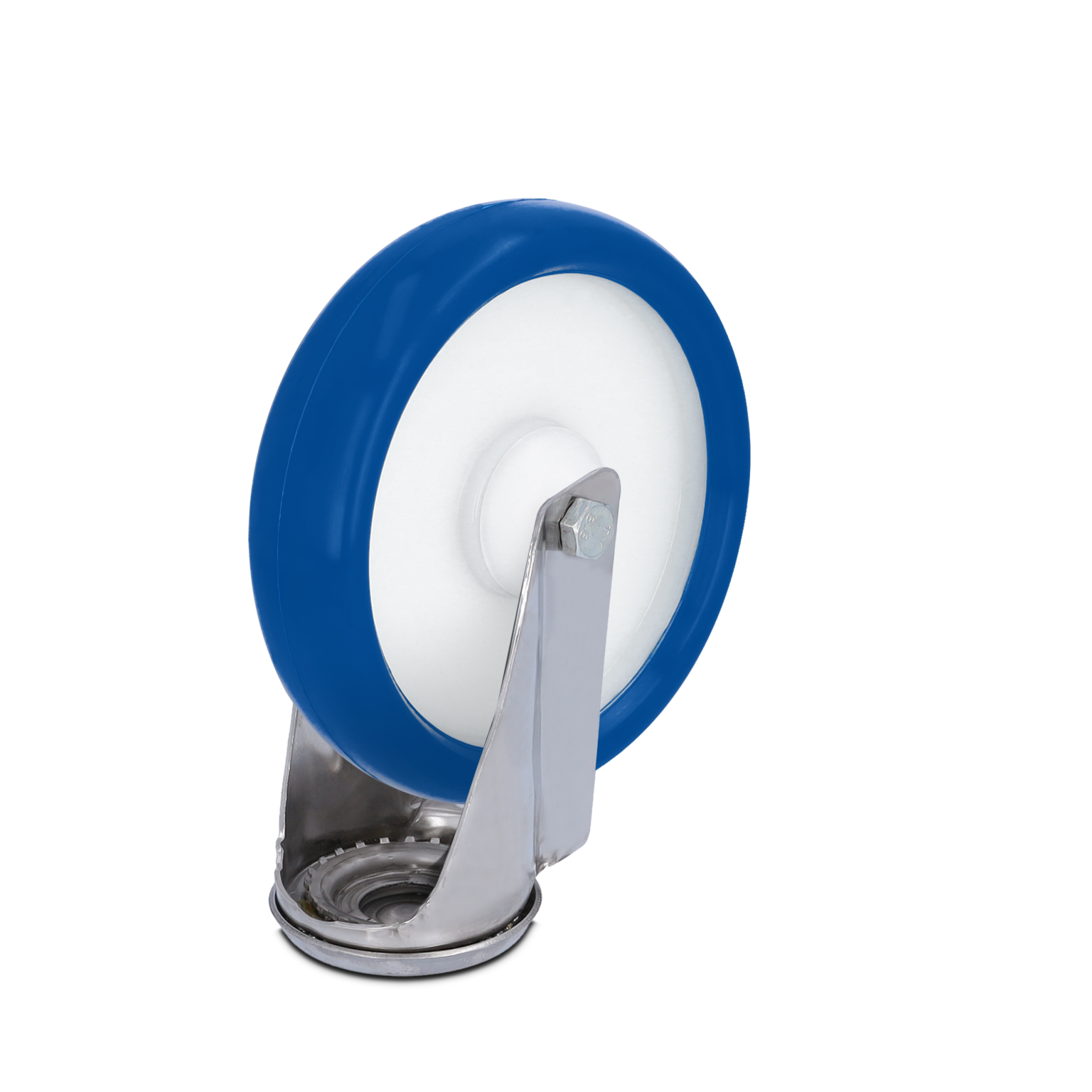 A blue wheel with a white center is mounted on a shiny metal bracket. The wheel is positioned upright, showcasing its smooth surface and supporting structure. The background is plain and dark.