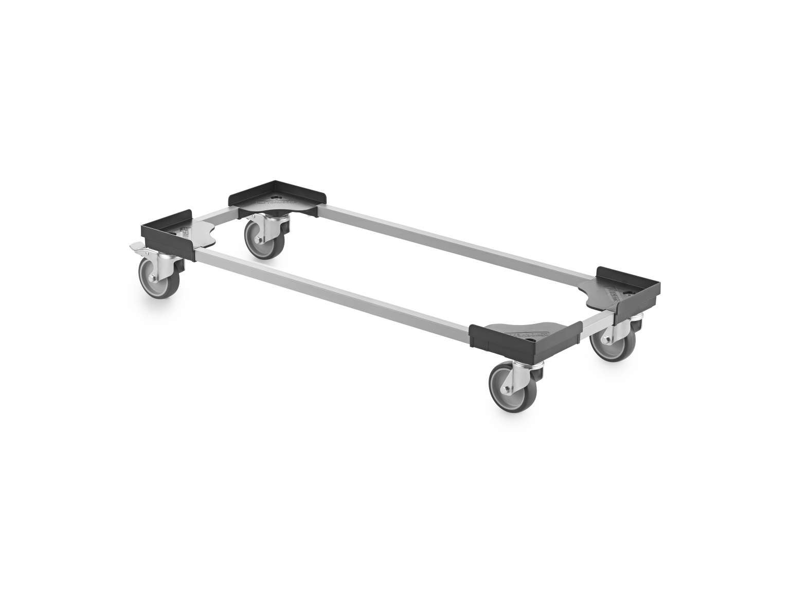 A transport trolley with a rectangular aluminum frame featuring four swivel castors. It has corner bumpers to protect items and is positioned on a neutral background.