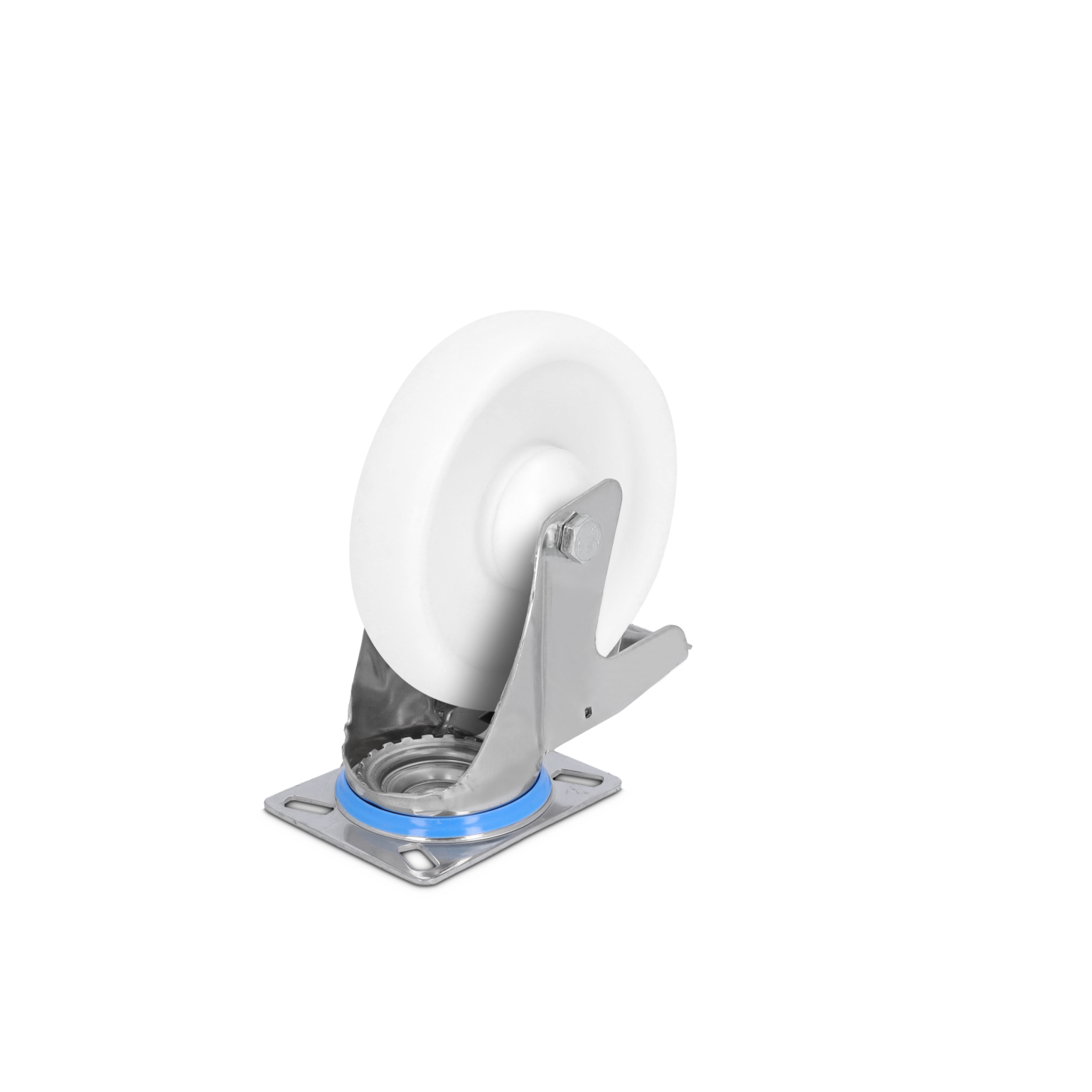 A white industrial wheel is mounted on a metallic swivel bracket with a blue ring, designed for easy movement. The wheel is visible from a side angle, emphasizing its smooth surface and sturdy construction.