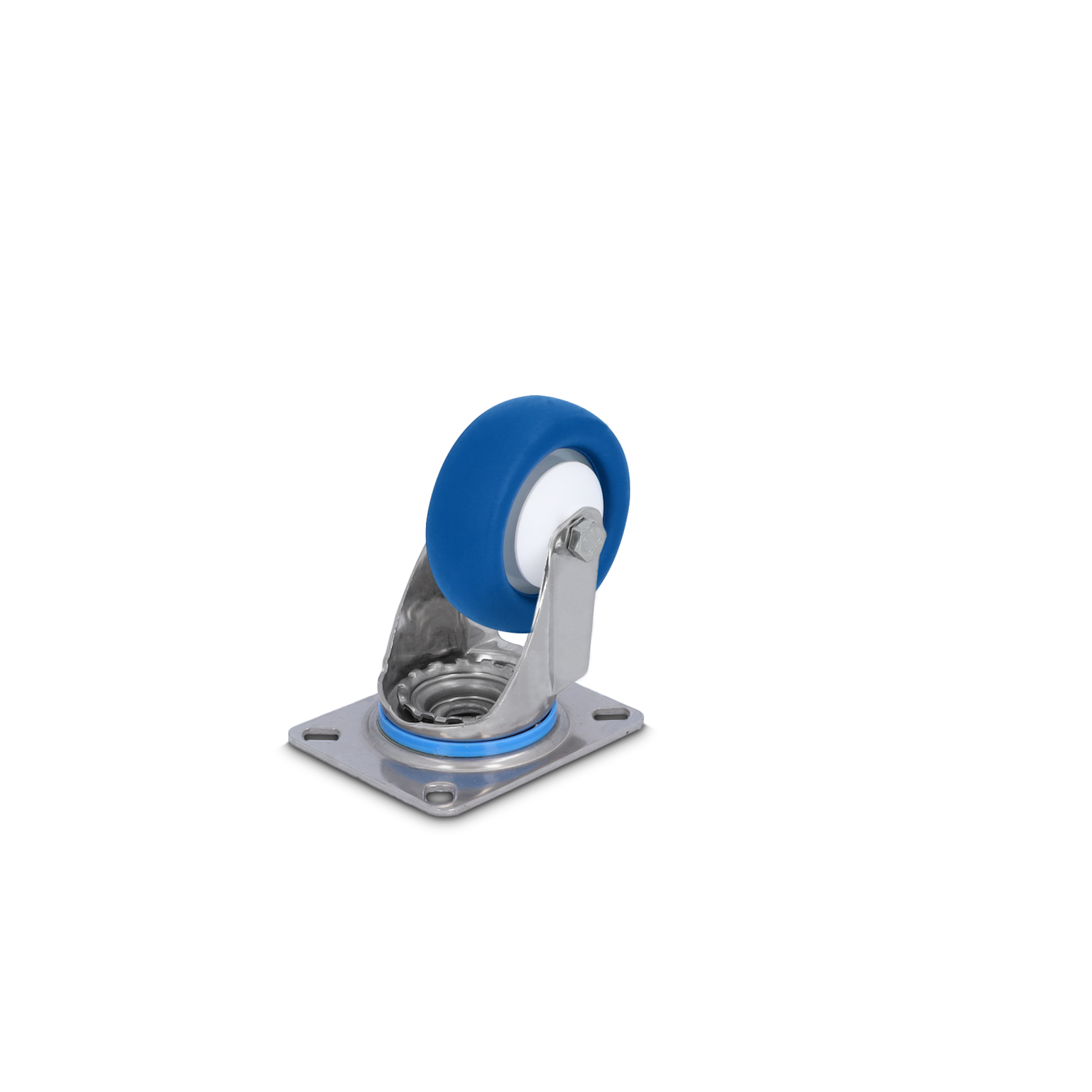 A blue rubber wheel castor with a white inner rim is mounted on a metal swivel bracket. The bracket features a circular base with multiple mounting holes, set against a plain black background.